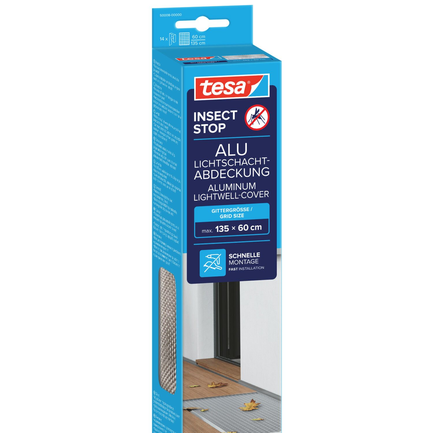 tesa Fliegengitter-Gewebe Alu Lichtschachtabdeckung - für Kellerfenster, (Komplett-Set, INSECT STOP, einfache Montage, witterungsbeständig 1,35m x 60cm), Schutz vor Insekten, Nagetieren und Schmutz für Kellerfenster