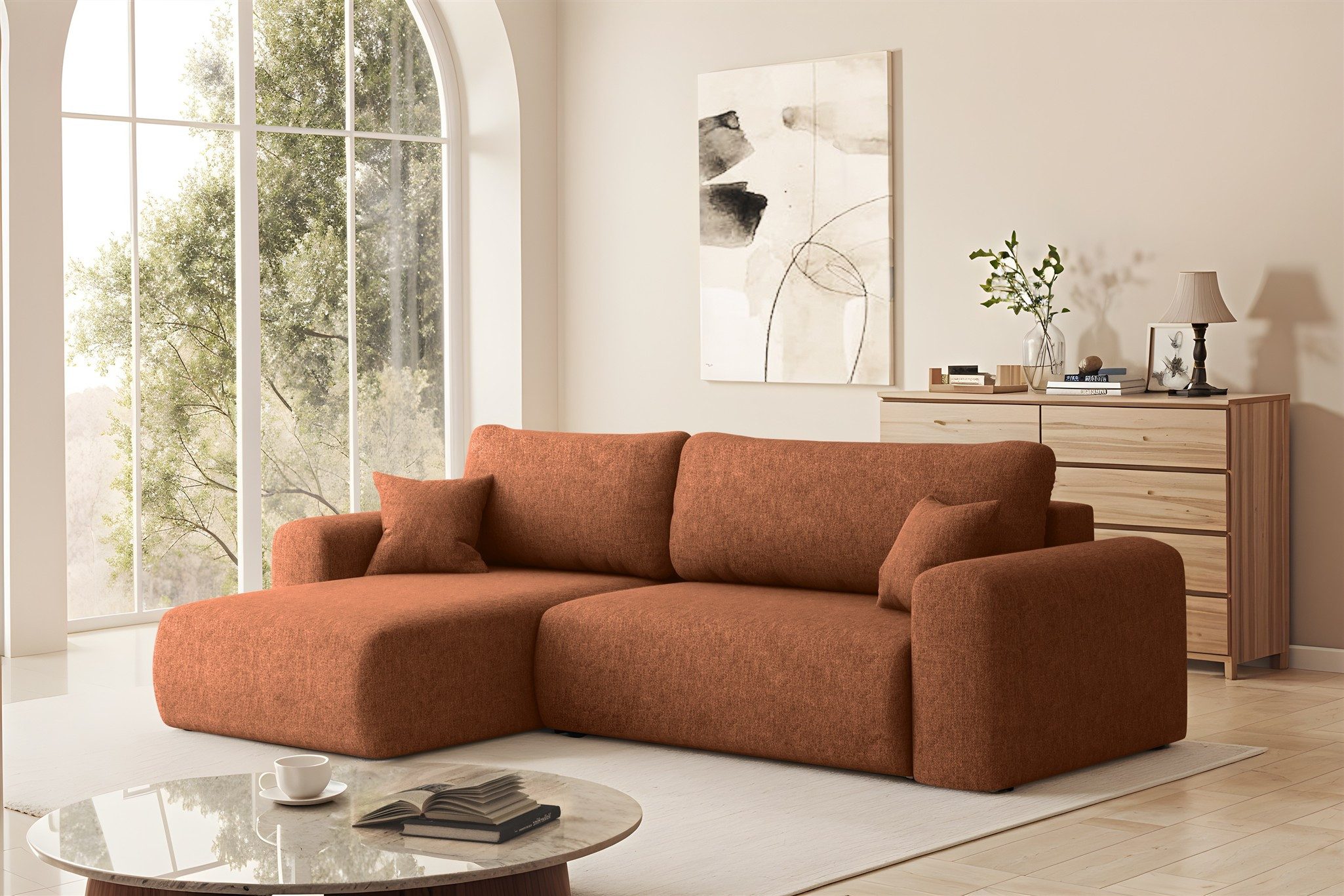 Fun Möbel Ecksofa Schlafsofa FLORA in Stoff, mit Bettkasten und 2 Zierkissen, Ottomane Links oder Rechts