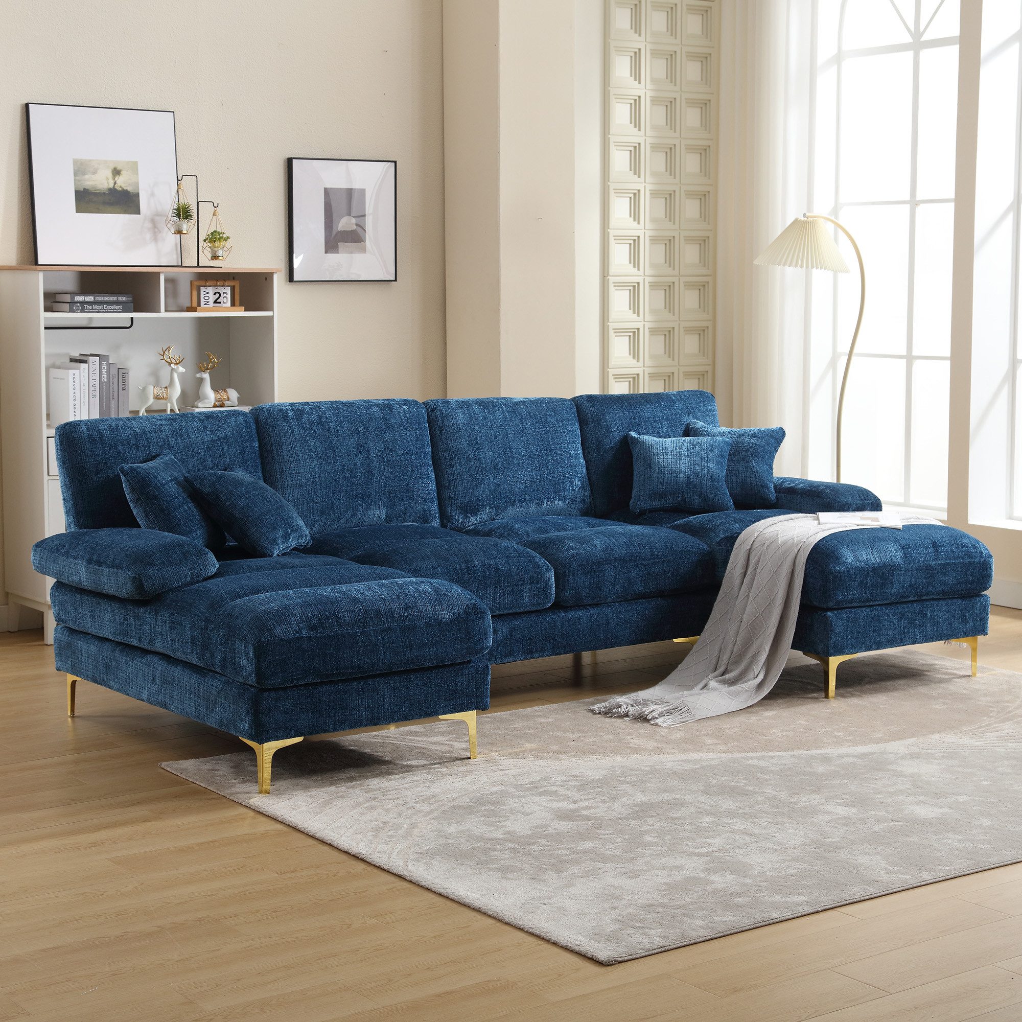 HAUSS SPOLE Ecksofa U-förmiges modulares Sofa Weiches Couch mit Polstern Schlafsofa, mit hochdichtem Schwamm, Massivholz,mit Kissen und Fußstütze, abriebfest, schmutzabweisend und leicht zu reinigen