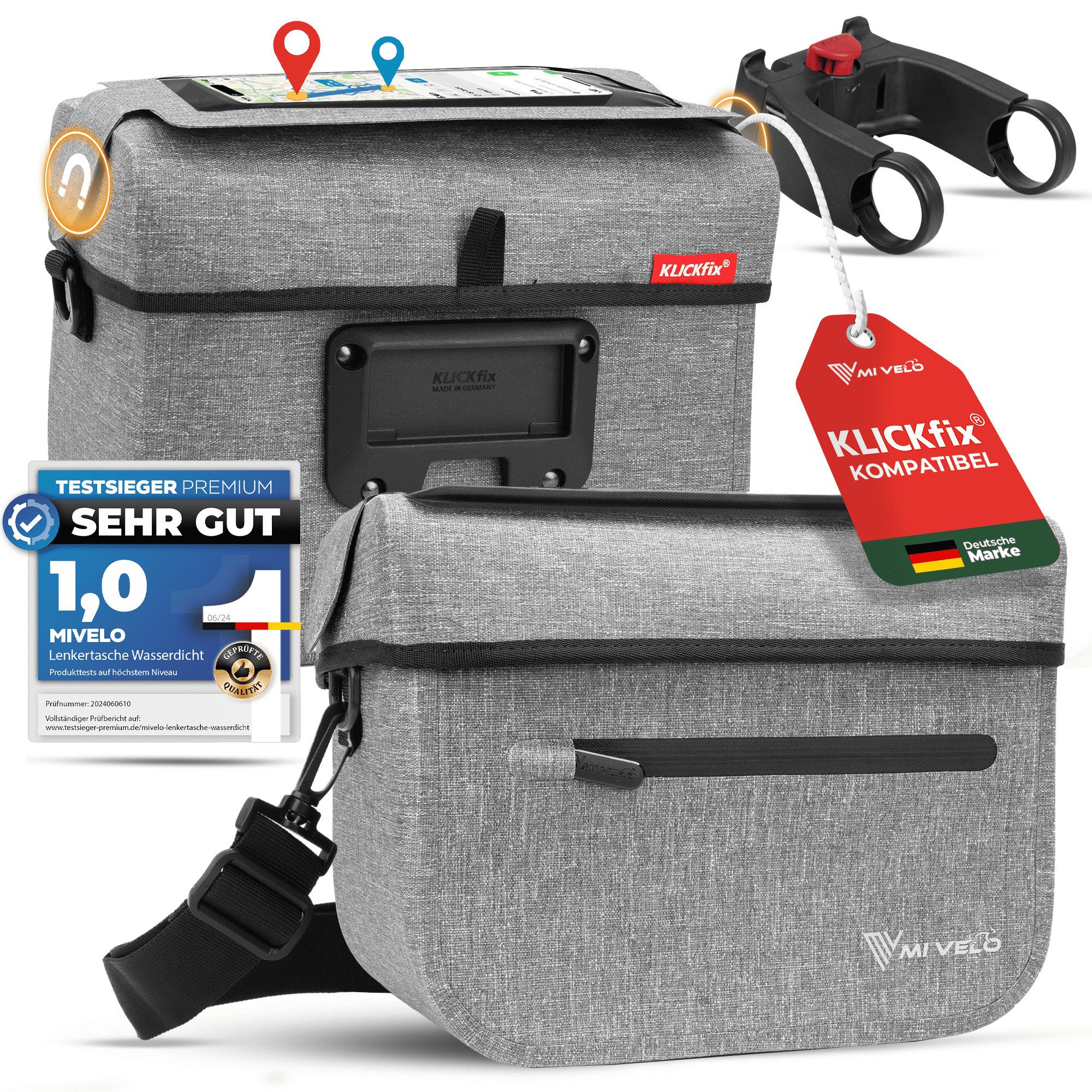 MIVELO Lenkertasche Fahrradtasche Lenker für KLICKfix, Fahrrad Tasche wasserdicht, KLICKfix kompatibel