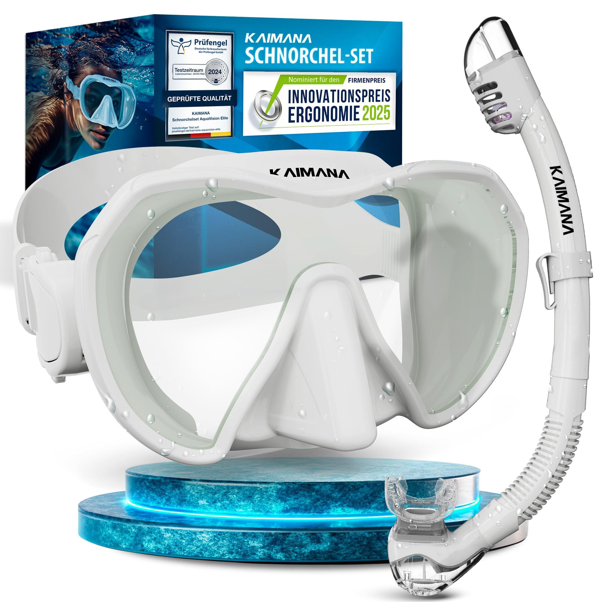 KAIMANA Tauchermaske AquaVision Prolite Schnorchelset für Erwachsene inkl. Tragetasche, (Bequeme Taucherbrille Erwachsene, Alternative zur Schnorchelmaske), Taucherbrille mit Stoffband/Silikonstrap