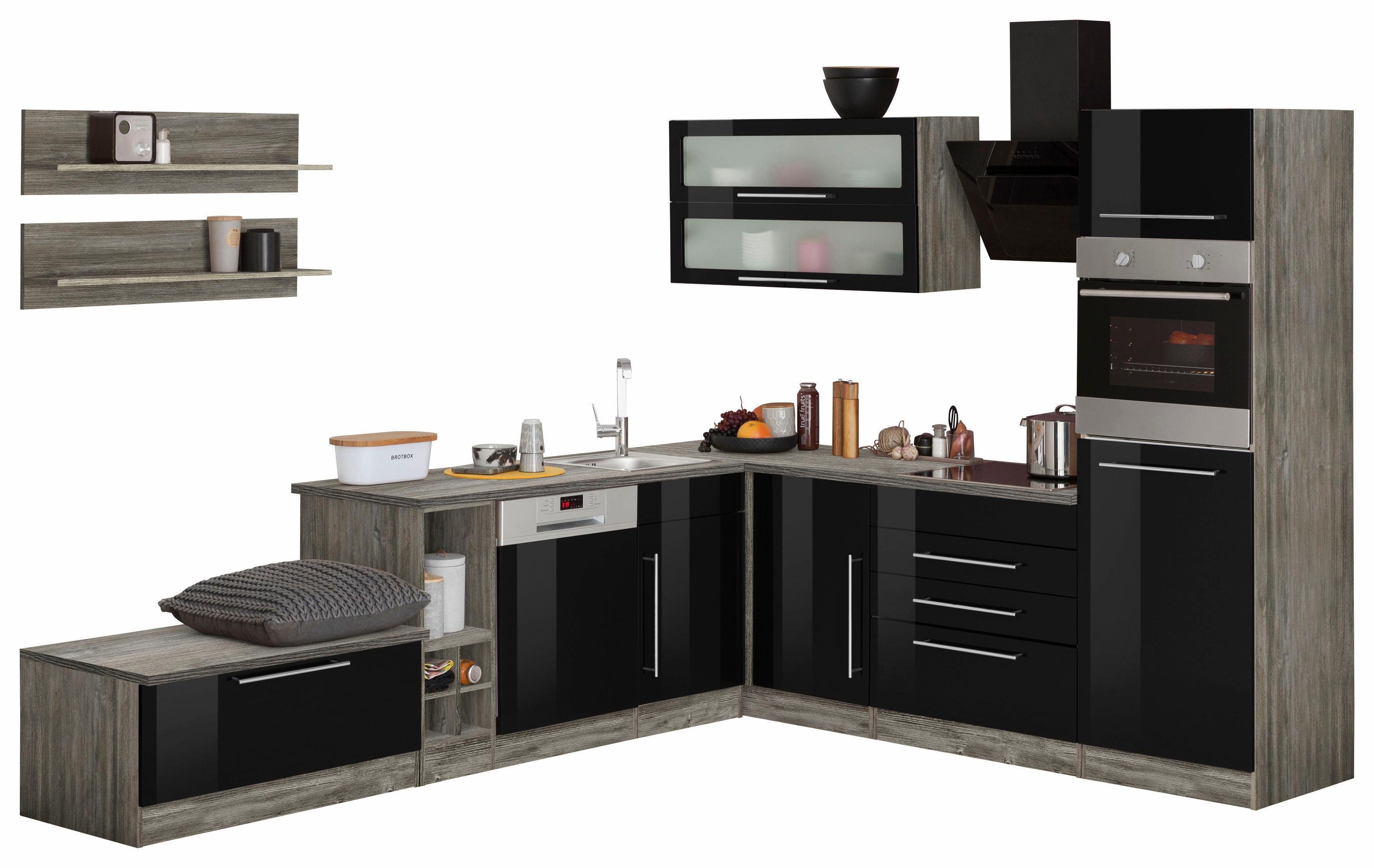Front: schwarz Hochglanz | Korpus: eiche Vintage | Arbeitsplatte: eiche Vintage