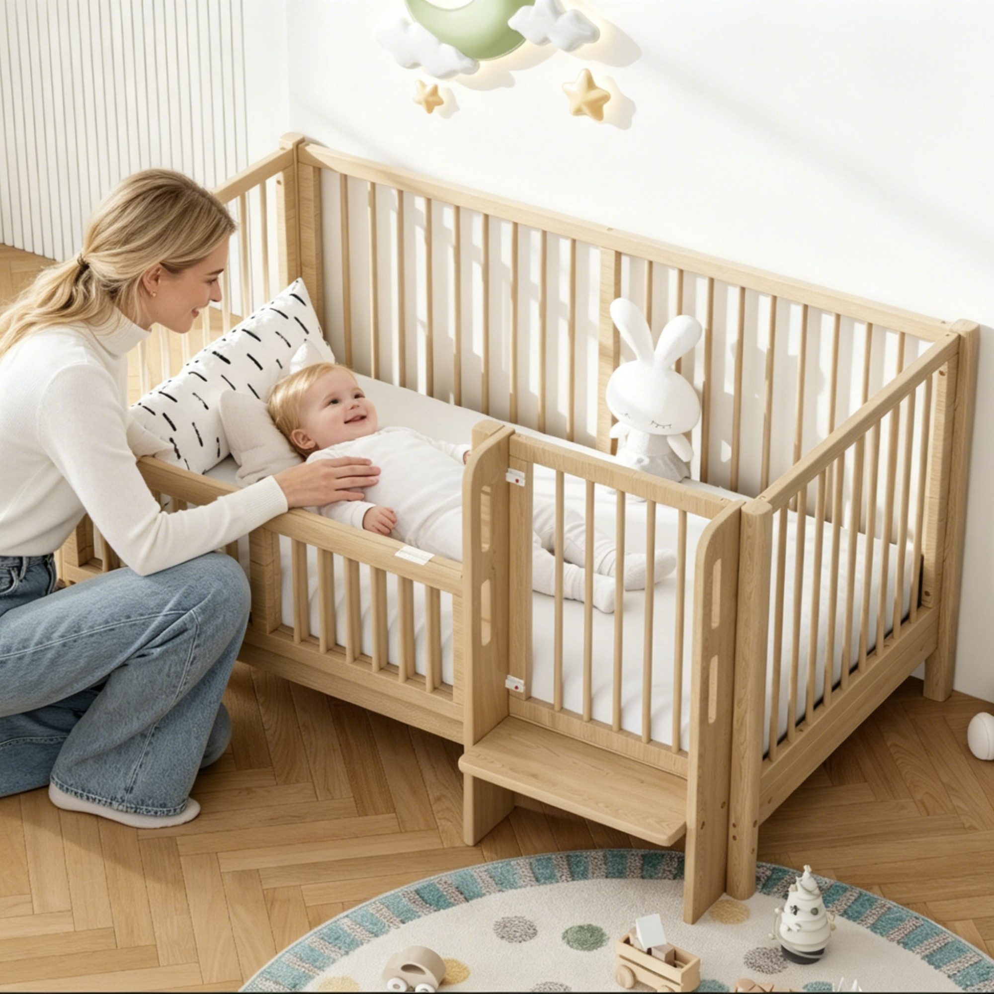 Merax Babybett Babybett Gitterbett 140x70 cm, Kinderbett aus Massivholz, 1-tlg., umwandelbar in Anstellbett, mit Schutzgeländer, Sicherheitsverschluss