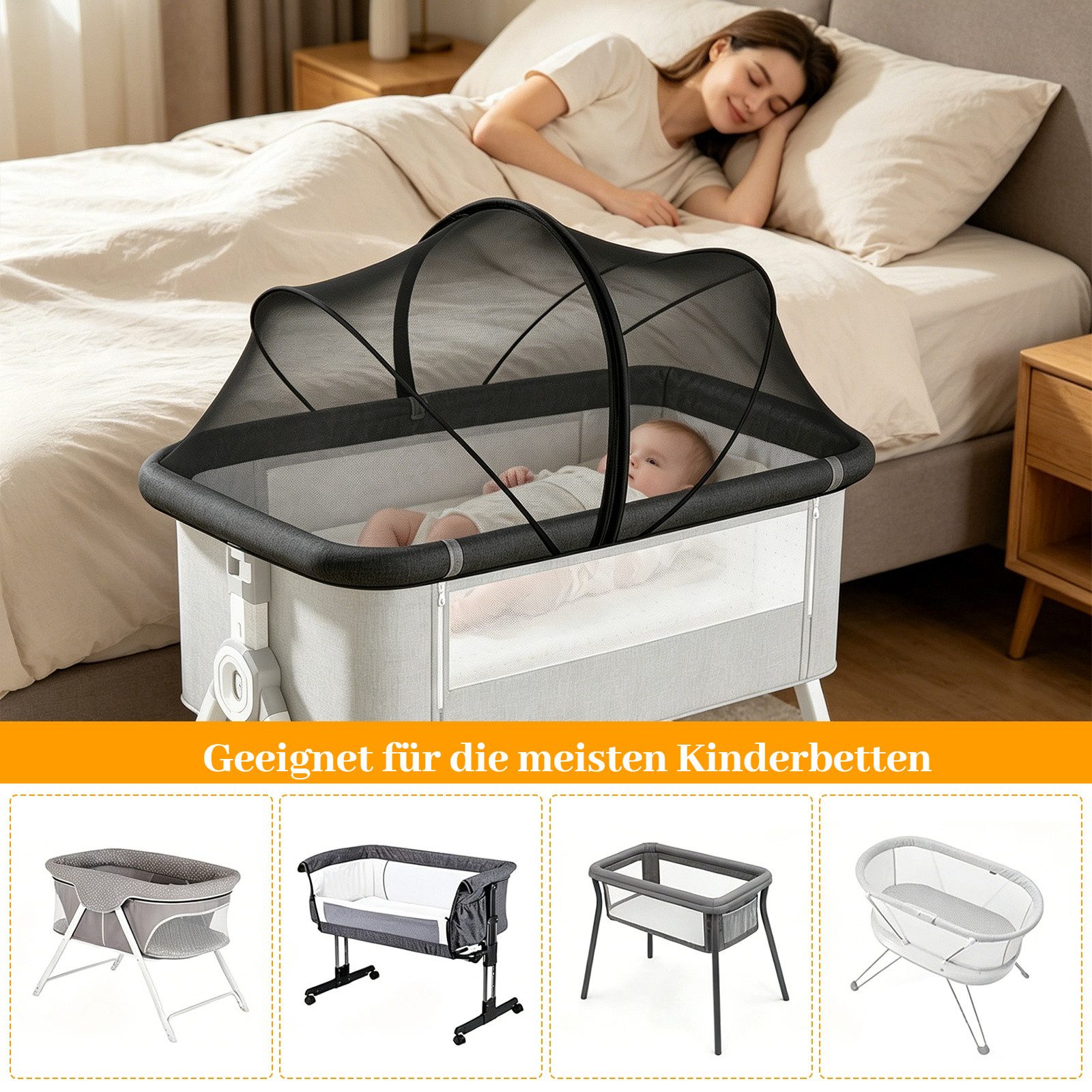 BlingBin Moskitonetz Atmungsaktives stabiles Moskitonetz mit umlaufendem Reißverschluss, (1 Stück, 1 St., 105 × 60 cm), waschbar passend für Kinderbett, Reisebe – Bild 5 von 5