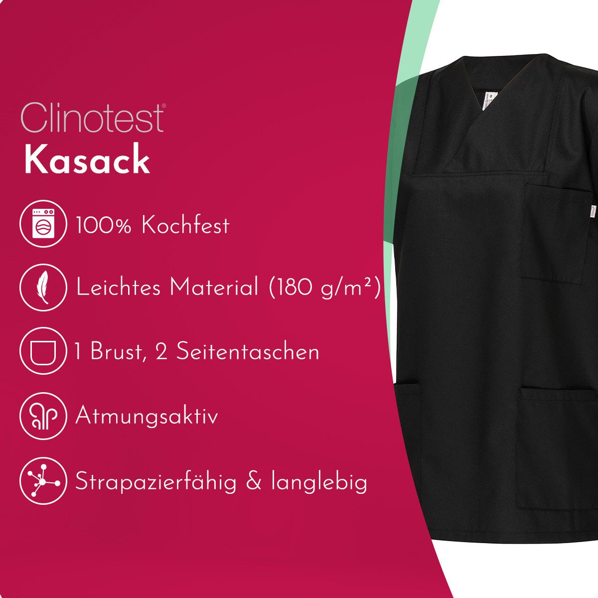 Clinotest Funktionsbluse Kasack Damen & Herren - 95 Grad waschbare, kochfest ohne einzulaufen (1-tlg) Schlupfkasack aus Baumwolle & Polyester - Berufsbekleidung für Pflege