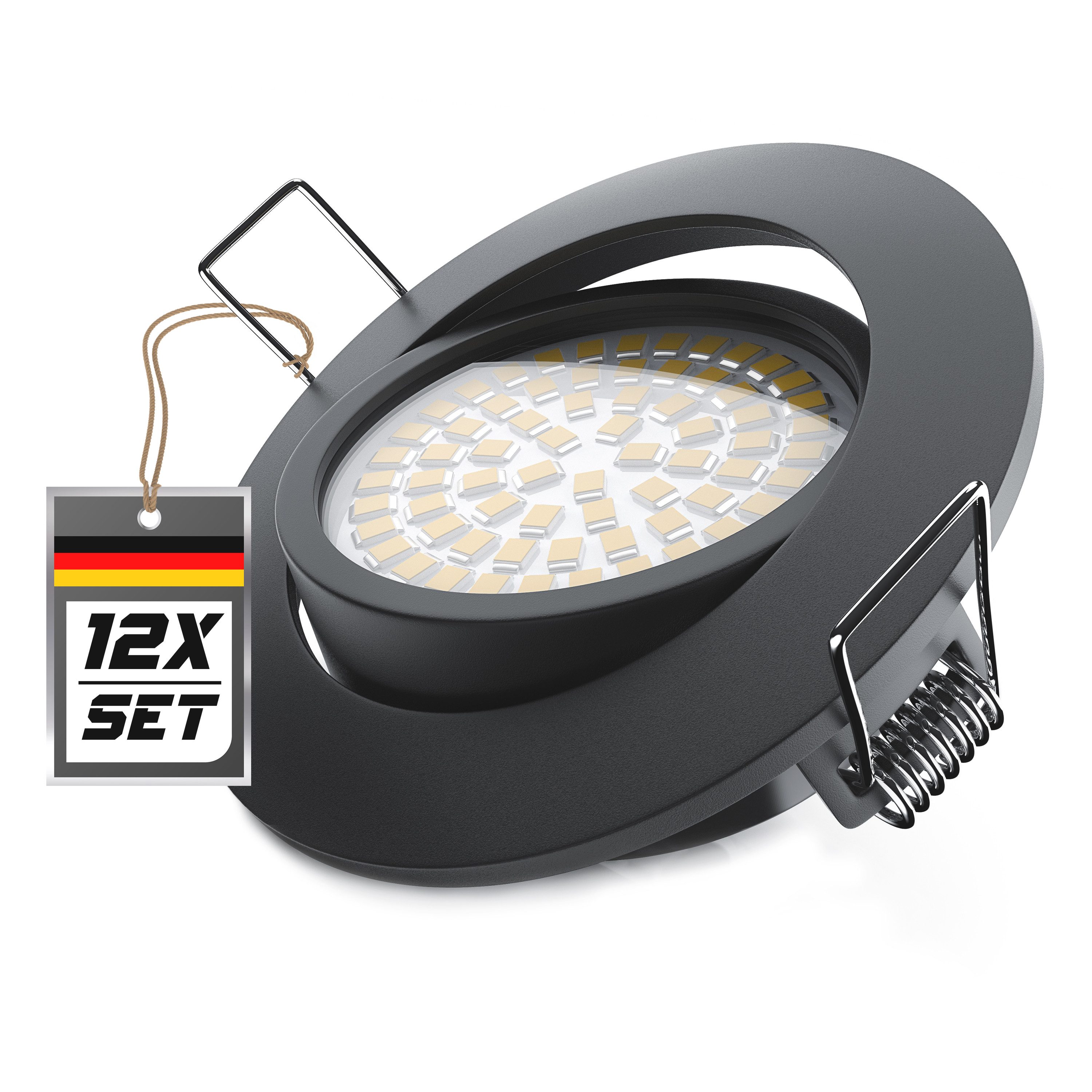 Brandson LED Einbaustrahler 12er Set LED Einbaustrahler Deckenspots 3000K dimmbar schwarz, Dimmfunktion; Schwenkmechanismus (40° vertikal), LED fest integriert, warmweiß, Einbauleuchte / Spots ultra flach, Abstrahlwinkel 120°, 12er Set