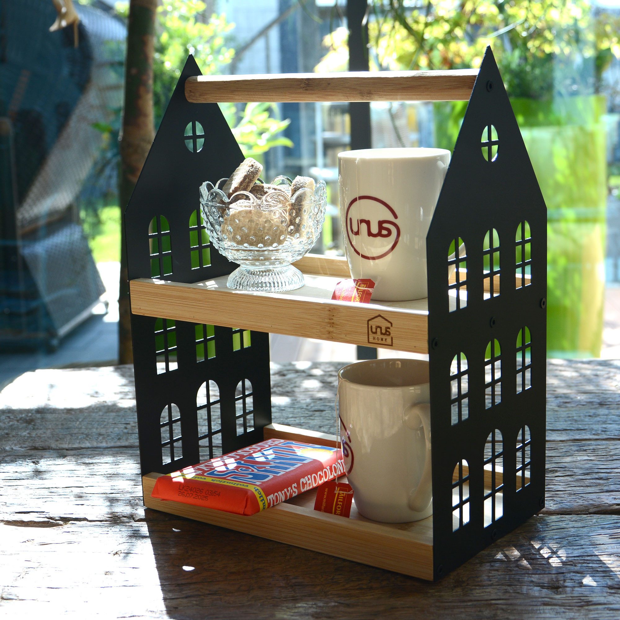 UNUS HOME Etagere Haus-Etagere 2 Etagen, Metall, (Schwarz 34x26,5x16cm (LxBxH), Servierplatte Servierbrett Serviertablett Frühstückstablett