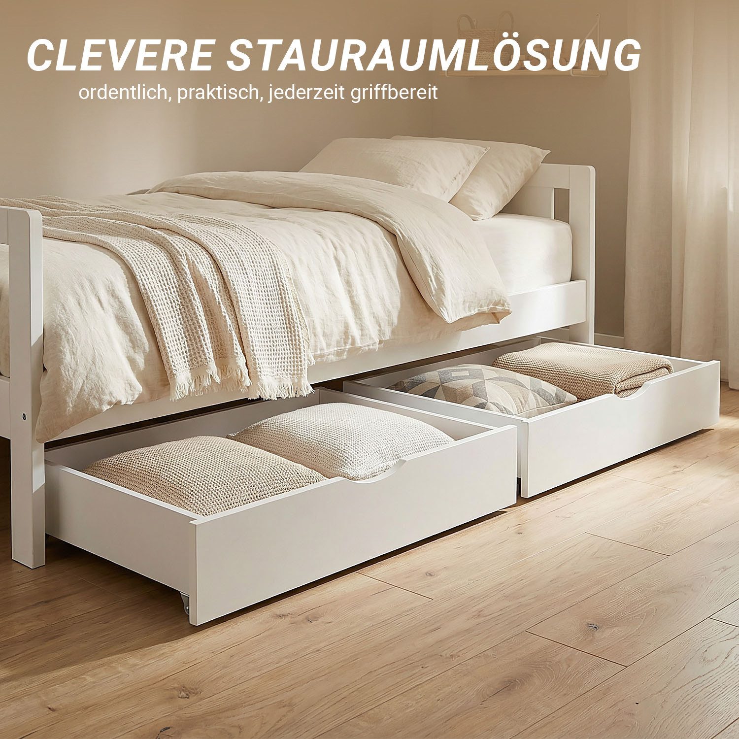 Homestyle4u Bettschubkasten 2x Bettkasten 83x63,5x16 Holz Aufbewahrung Schublade Weiß auf Rollen (Set, 2er Set), B/H/T 83x16x63 cm, Stauraum
