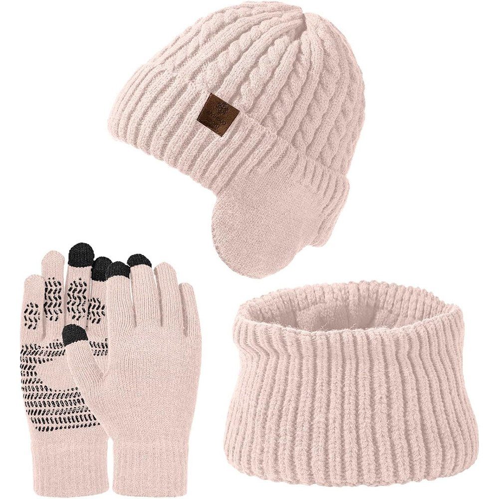 GLIESE Mütze & Schal Mütze Schal Handschuhe Set 3 in 1 Winter Warm Geschenk Set rosa