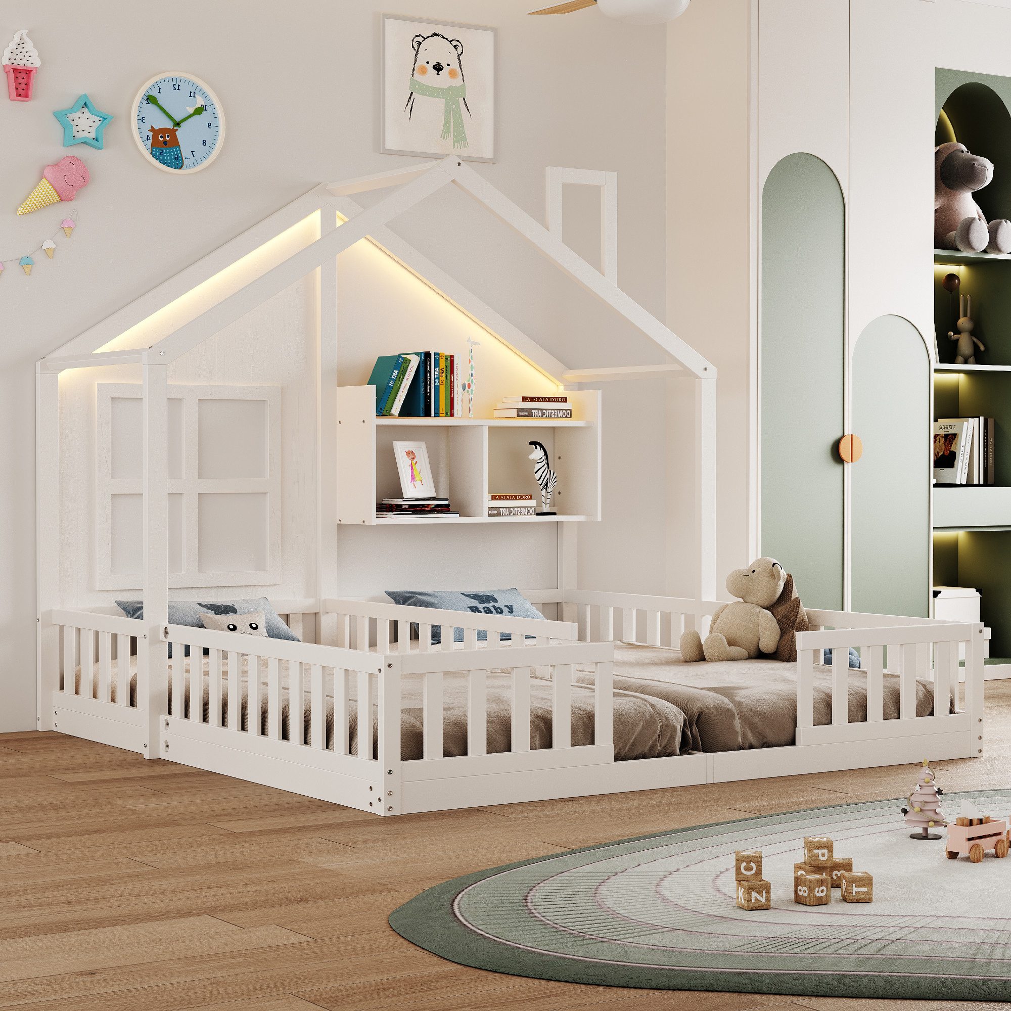Merax Kinderbett 90×200cm Bodenbett mit LED-Licht, Jugendbett im Hausdesign (1-tlg), Doppelbett 90×200cm mit Sicherheitsgeländer, Ablagefach & Lattenrost – Bild 3 von 5