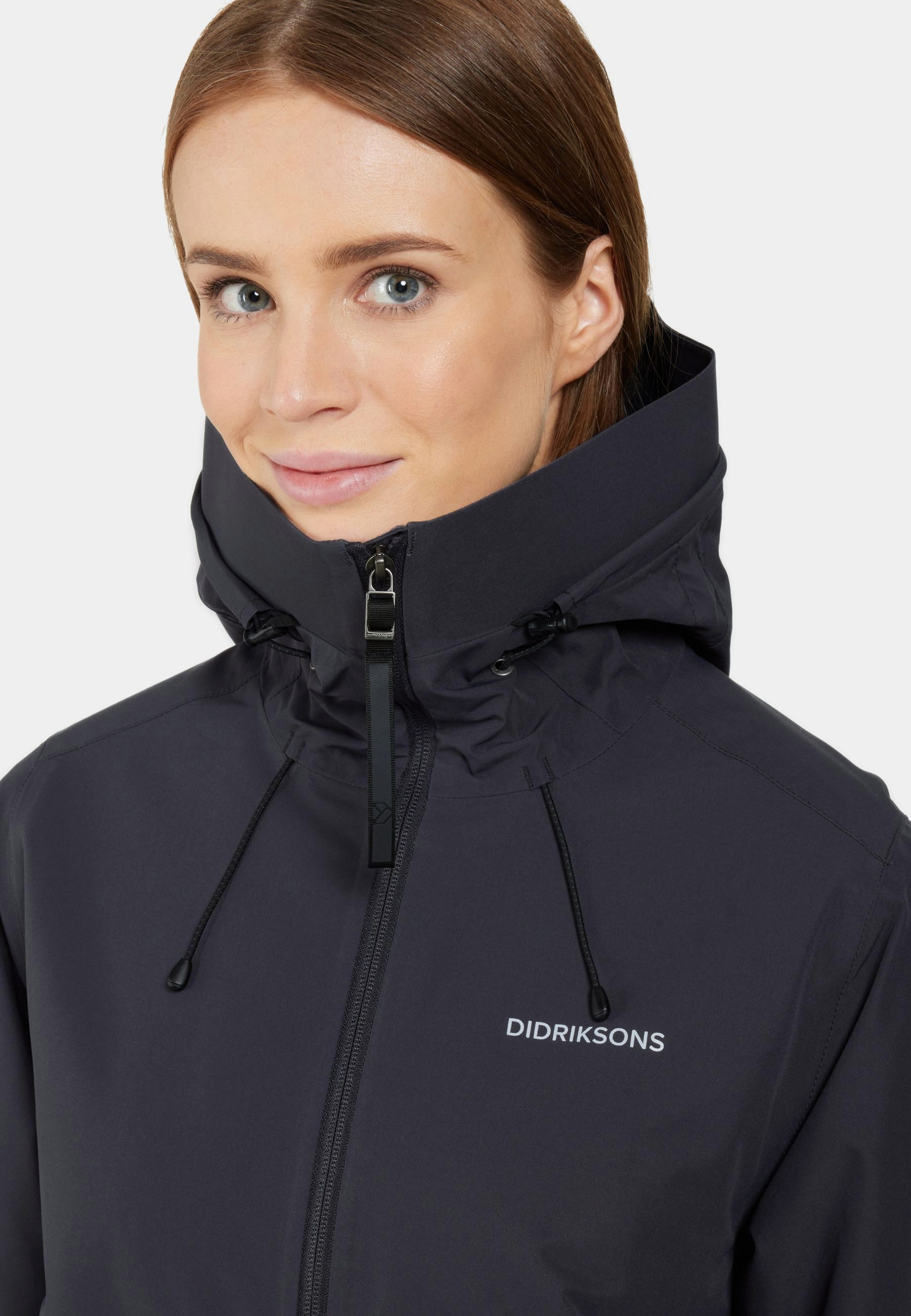 Didriksons Outdoorjacke Damen Winterjacke wasserdicht winddicht atmungsaktiv Kapuze JENNIE 2-Wege-Reißverschluss, Reflektierender Logo-Druck, Verstellbare Kapuze