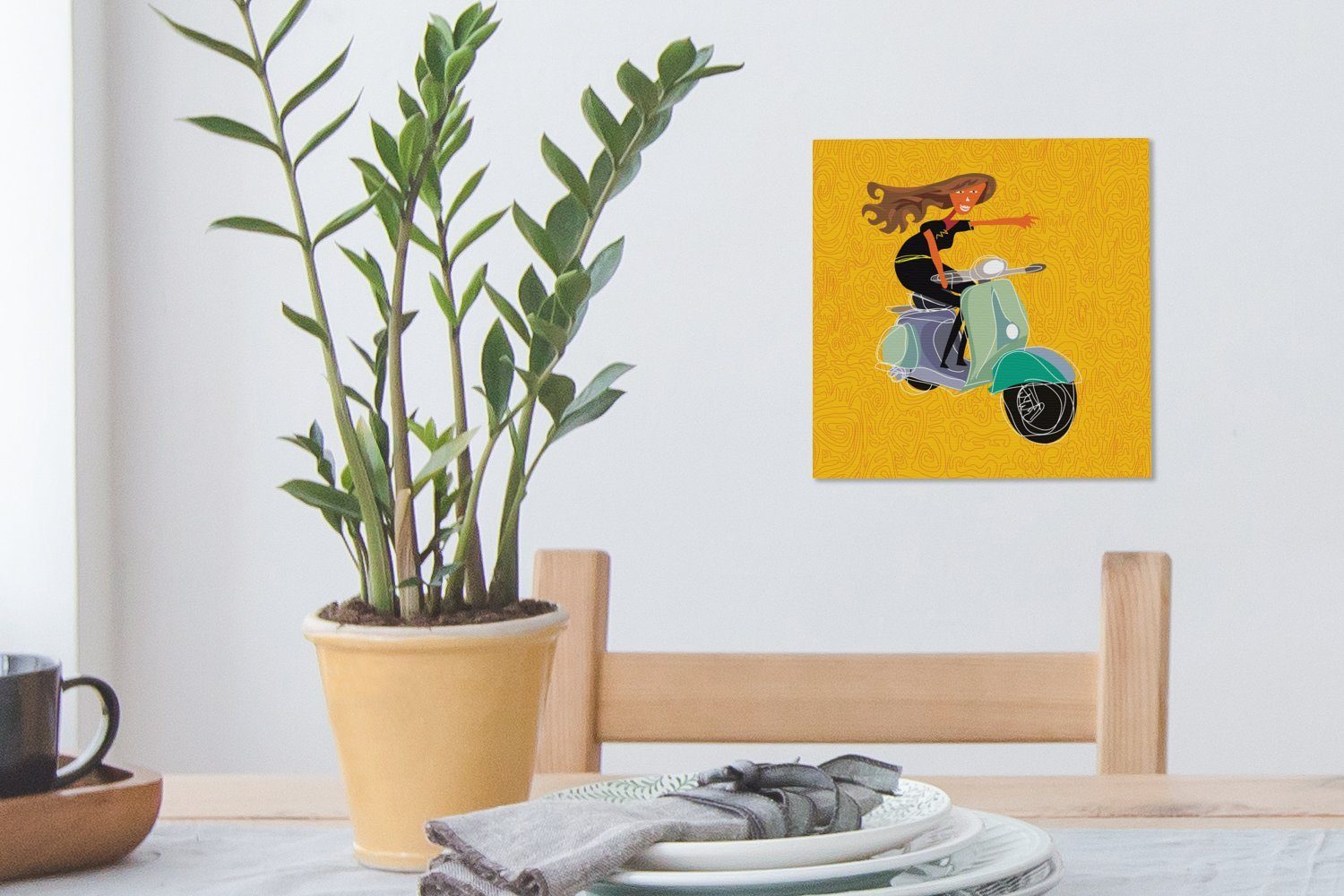 gelbem Illustration Vespa Leinwandbild mit einer Bilder Leinwand einer (1 St), Schlafzimmer Frau Hintergrund, Wohnzimmer für auf OneMillionCanvasses®