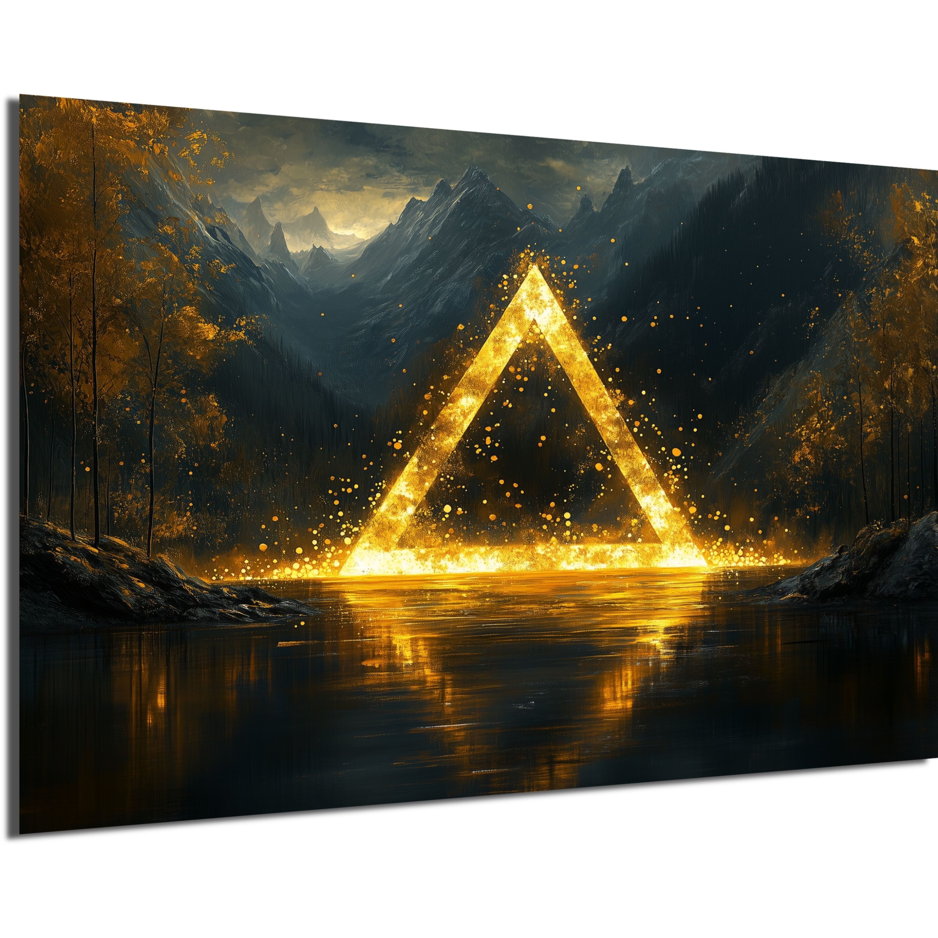 DARO Design Leinwandbild Modern Abstrakt Wandbilder XXL Wandbild Wand Deko Leinwand Bilder, (massives goldenes Dreieck - Bild groß Wohnzimmer Esszimmer Schlafzimmer Küche Einteilig Querformat Fotodruck Leinwände Wanddeko Abstrakte Kunst Boho), 30x20cm
