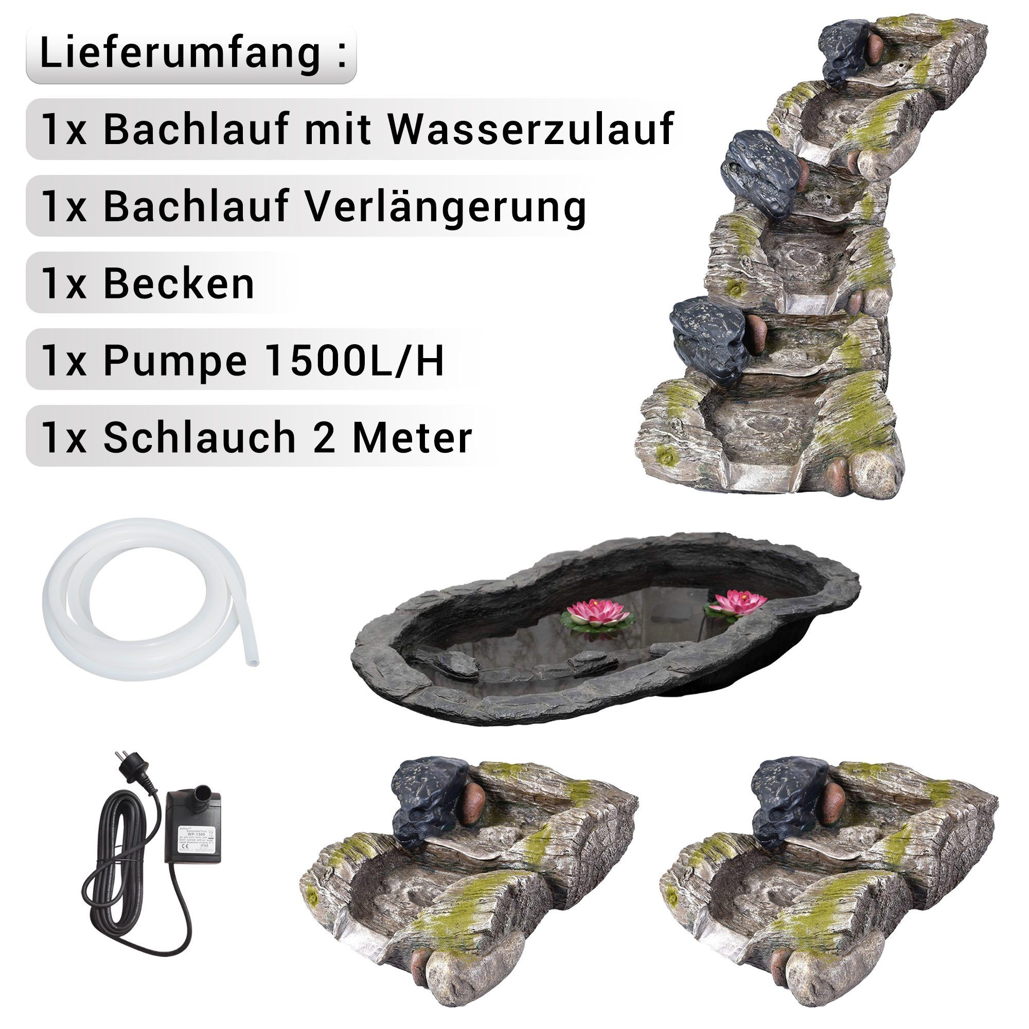 Köhko Bachlauf Bachlaufelement in Holzoptik mit Moosbewuchs für Ihr Garten 14003