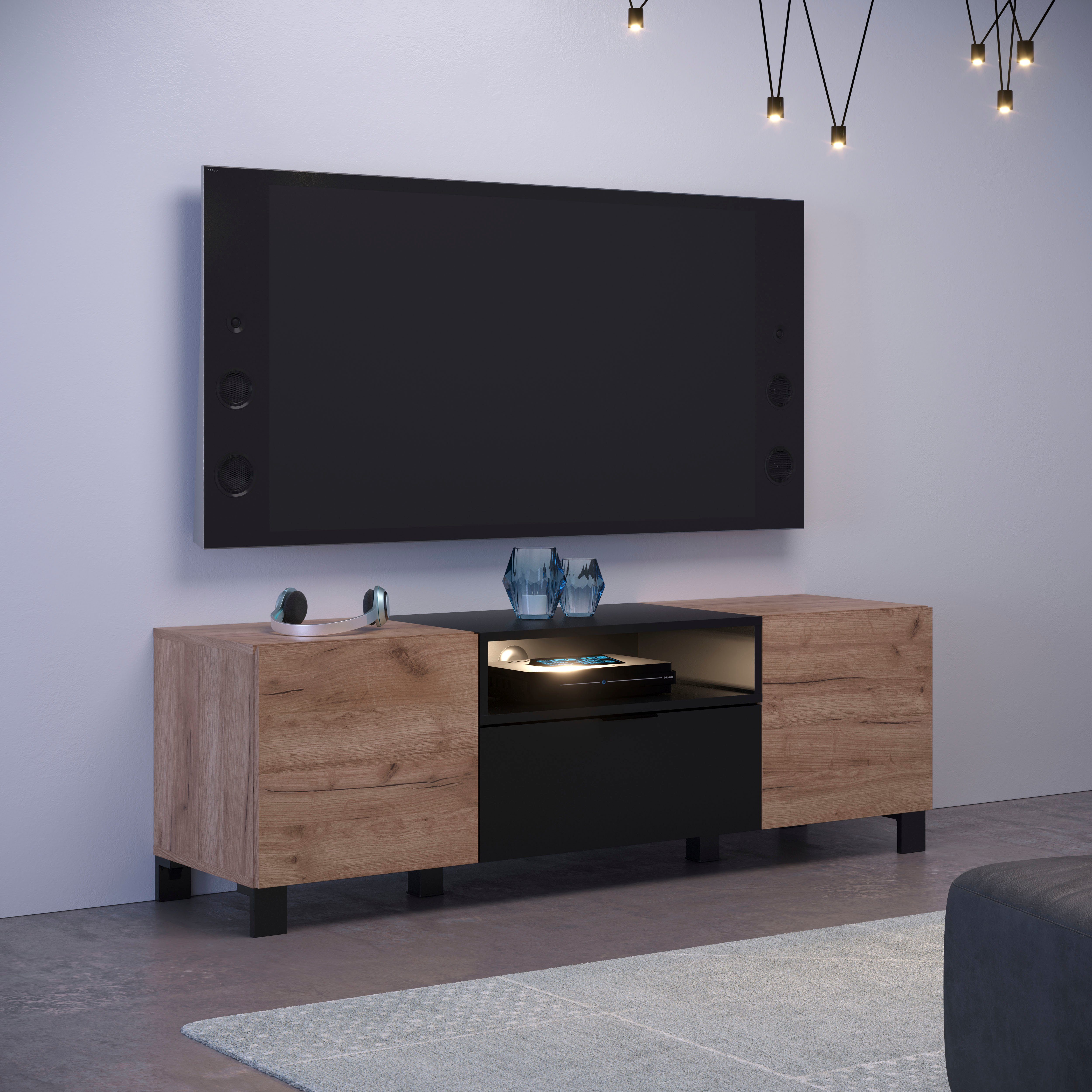 INOSIGN Lowboard Kriens, TV Schrank, hellbraun / schwarz matt, Breite 144 cm, Höhe 47 cm