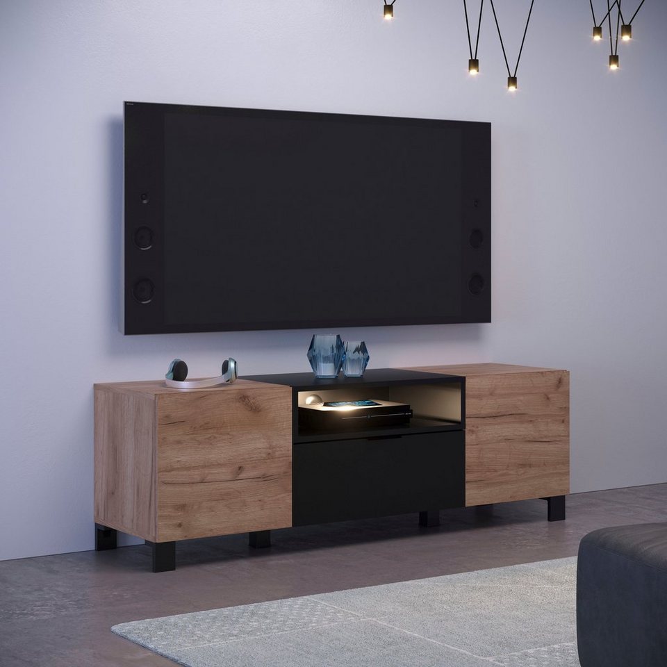 INOSIGN Lowboard Kriens, TV Schrank, hellbraun / schwarz matt, Breite 144 cm,  Höhe 47 cm, viele Erweiterungsmöglichkeiten