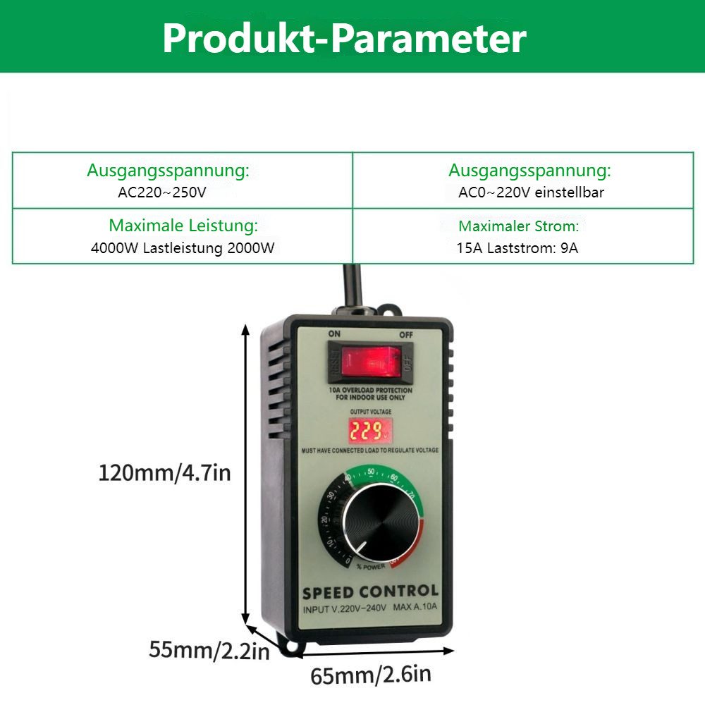 PRIISF Steckdose Drehzahlregler AC 230V 4000W Frequenzumrichter Motorspannungsregler, 10A, Drehzahlsteller Drehdimmer Steckdosendimmer Motorregler, Drehzahlsteuerung Drehzahlsteller mit Drehknopf, AC SCR Motor Regler Spannungsregler Drehzahlregler Dimmer Controller