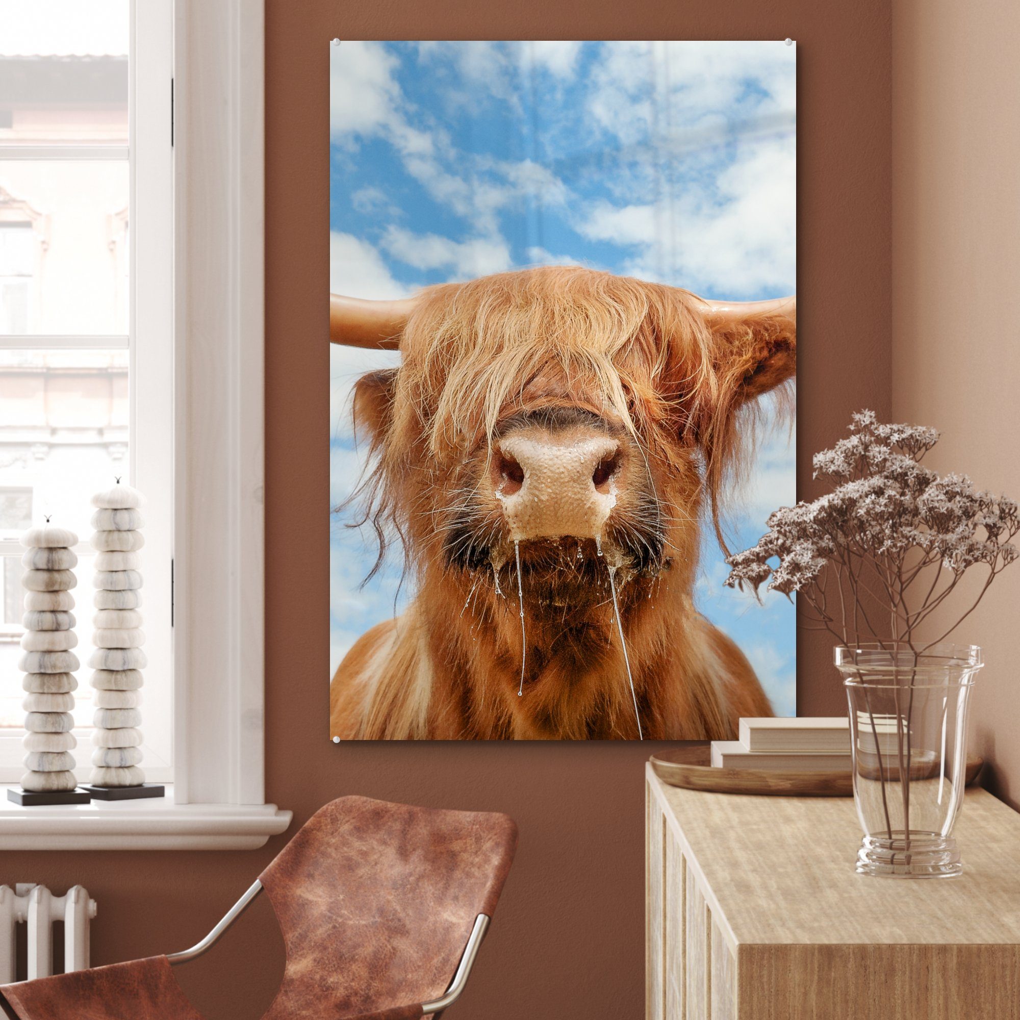 Dekoration Highlander MuchoWow Gemälde St), (1 Glas, Wolke Acrylglasbild Schottischer auf wohnzimmer Tiere, - -