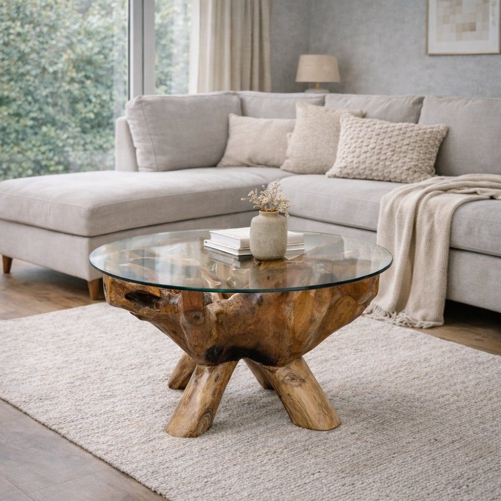 LebensWohnArt Couchtisch Individueller Teak Couchtisch ZONAS natural 70cm mit Glasplatte