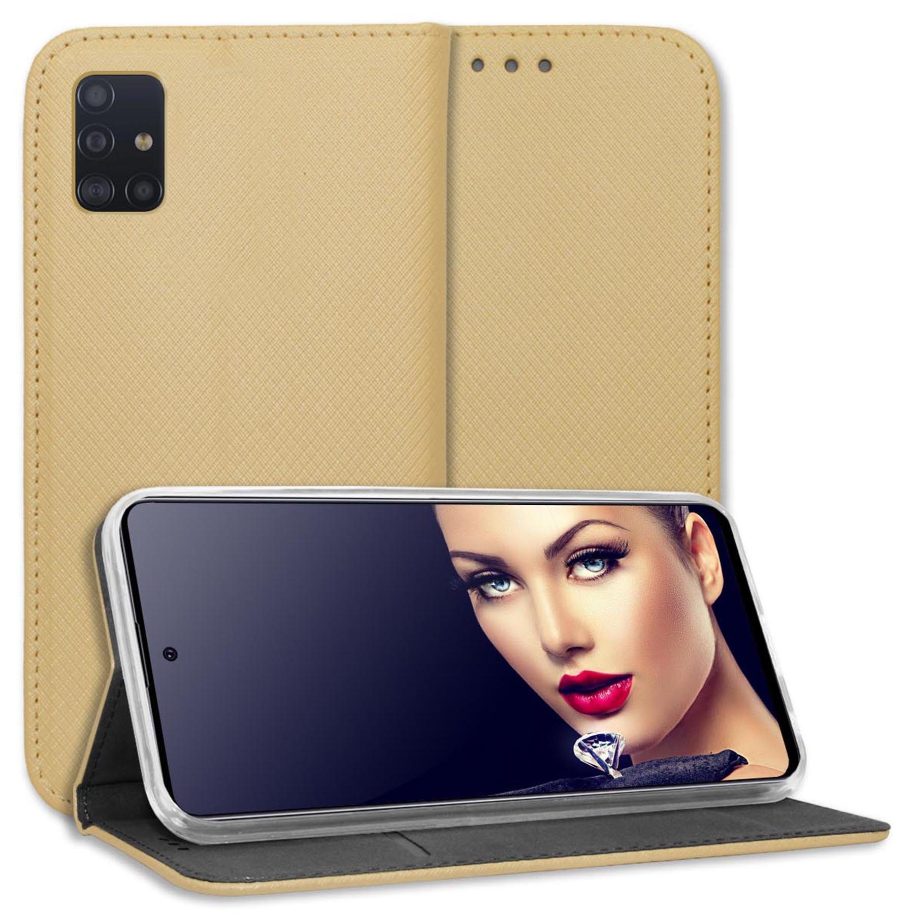 mtb more energy Smartphone-Hülle Smart Magnet für Samsung Galaxy A51, Gold, Bookstyle Klapphülle Cover Wallet Case aus Kunstleder