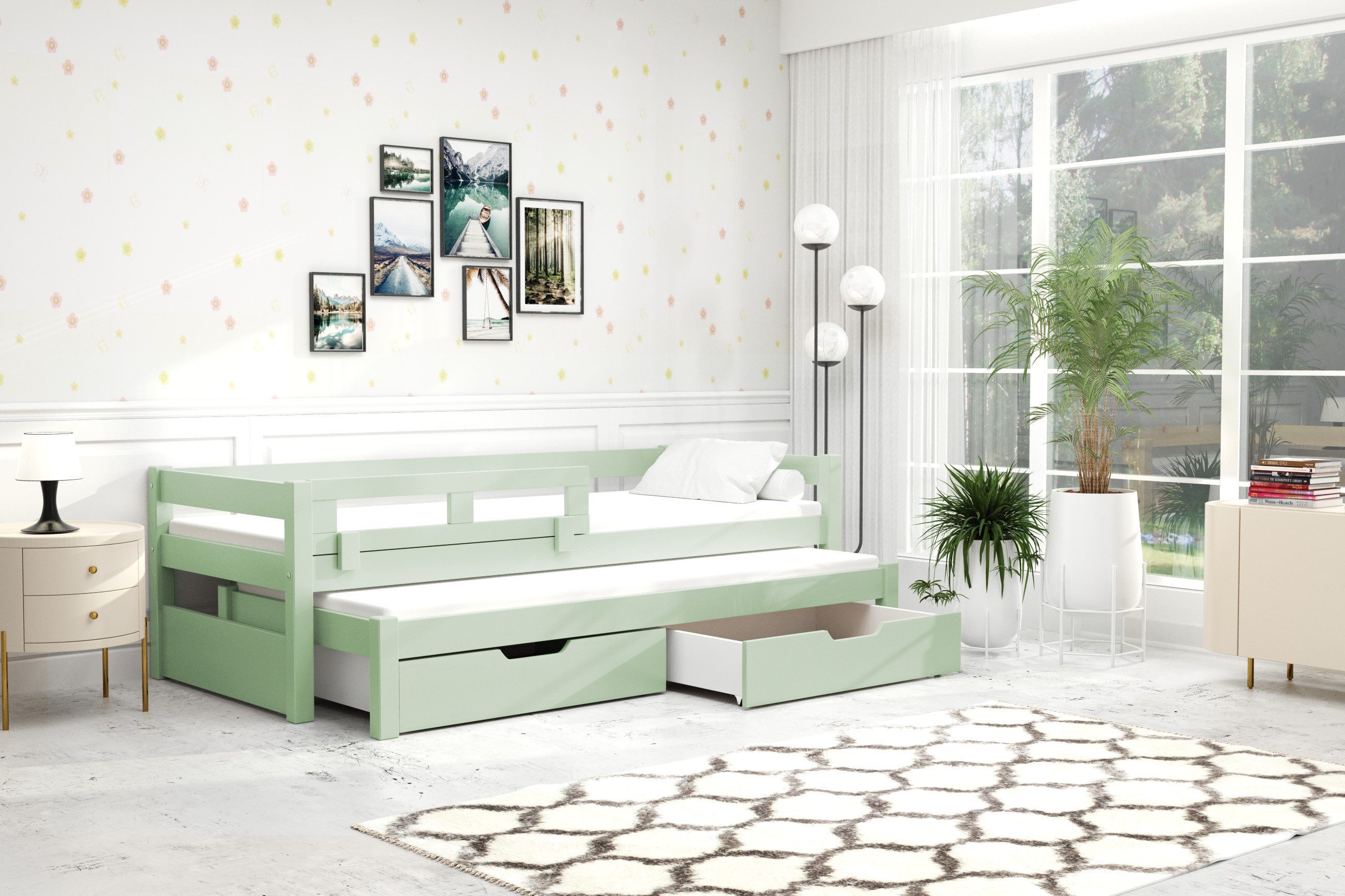thematys Kinderbett mit Rausfallschutz und Ausziehbett und 2 Schubladen für Kinder (in 90x200cm + INKLUSIVE 2 Schaumstoffmatratzen, für Jungen und Mädchen, mit abnehmbaren Rausfallschutz), Kinderbett aus Kiefernholz