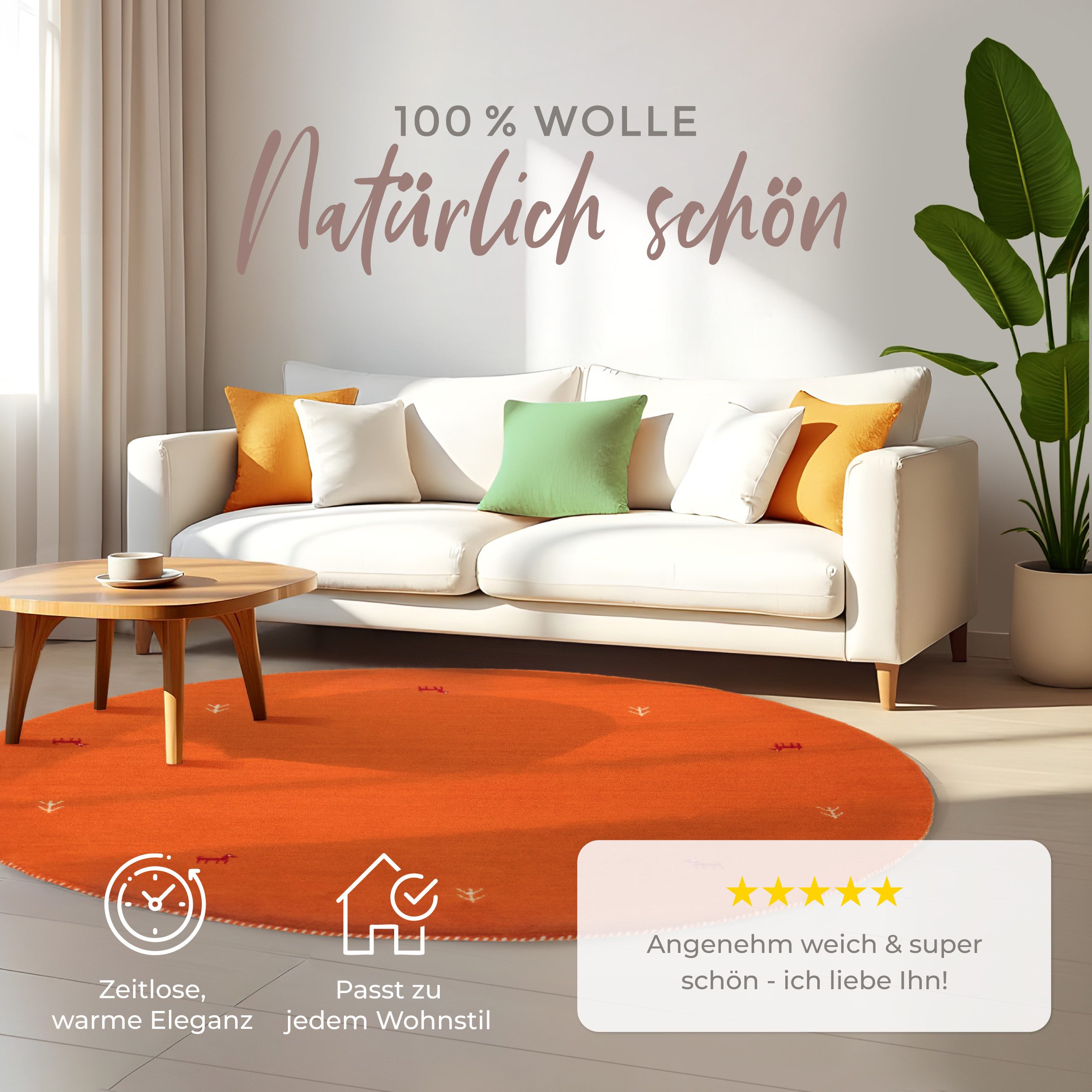 carpetfine Wollteppich Gabbeh Uni, rund, Höhe: 15 mm, reine Wolle handgewebt, Gabbeh Tiermotiv warmes Raumklima viele Größen