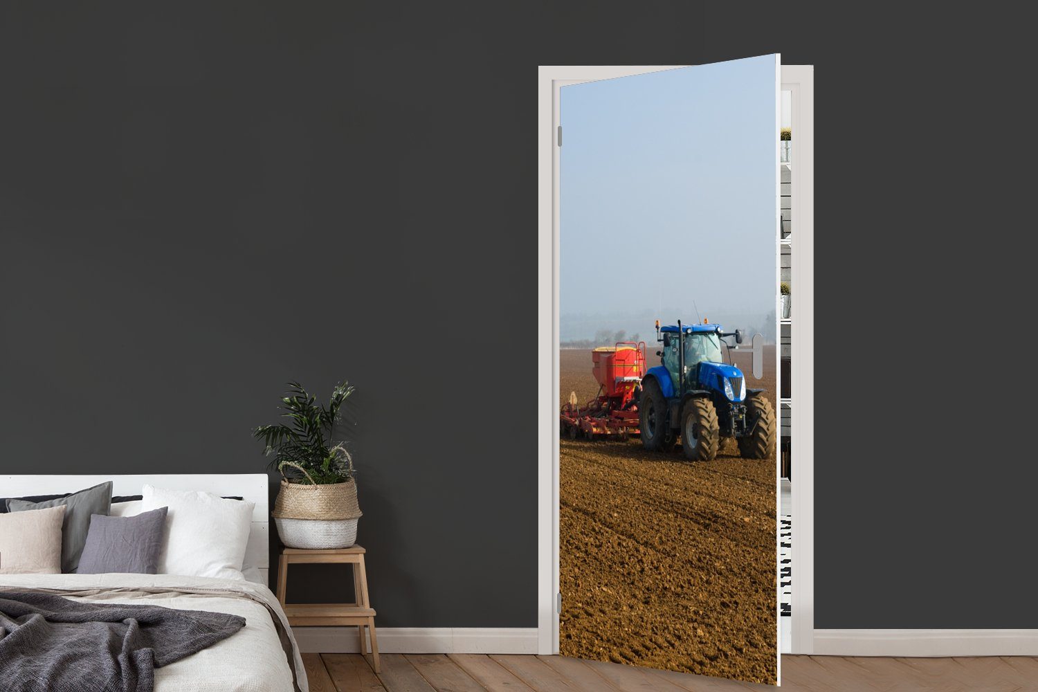 MuchoWow Türtapete Traktor - Türaufkleber, - (1 cm Blau 75x205 St), Matt, für Fototapete Tür, Nebel, bedruckt