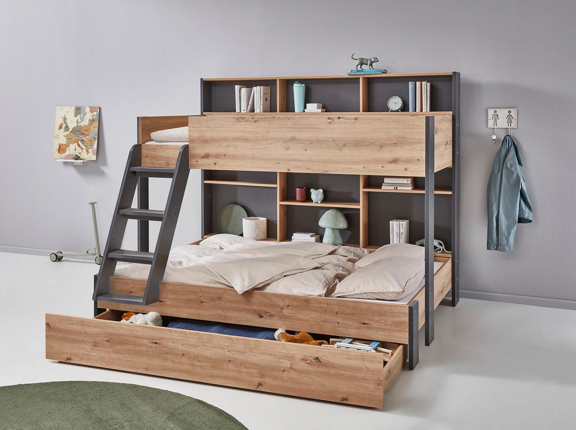 Relita Etagenbett viel Stauraum, pflegeleichte Melamin Oberfläche, 3 Farben zur Wahl (viele Regalfächer an der Bettrückseite, inkl. Schublade auf Rollen), viel Stauraum, pflegeleichte Melamin Oberfläche, 3 Farben zur Wahl