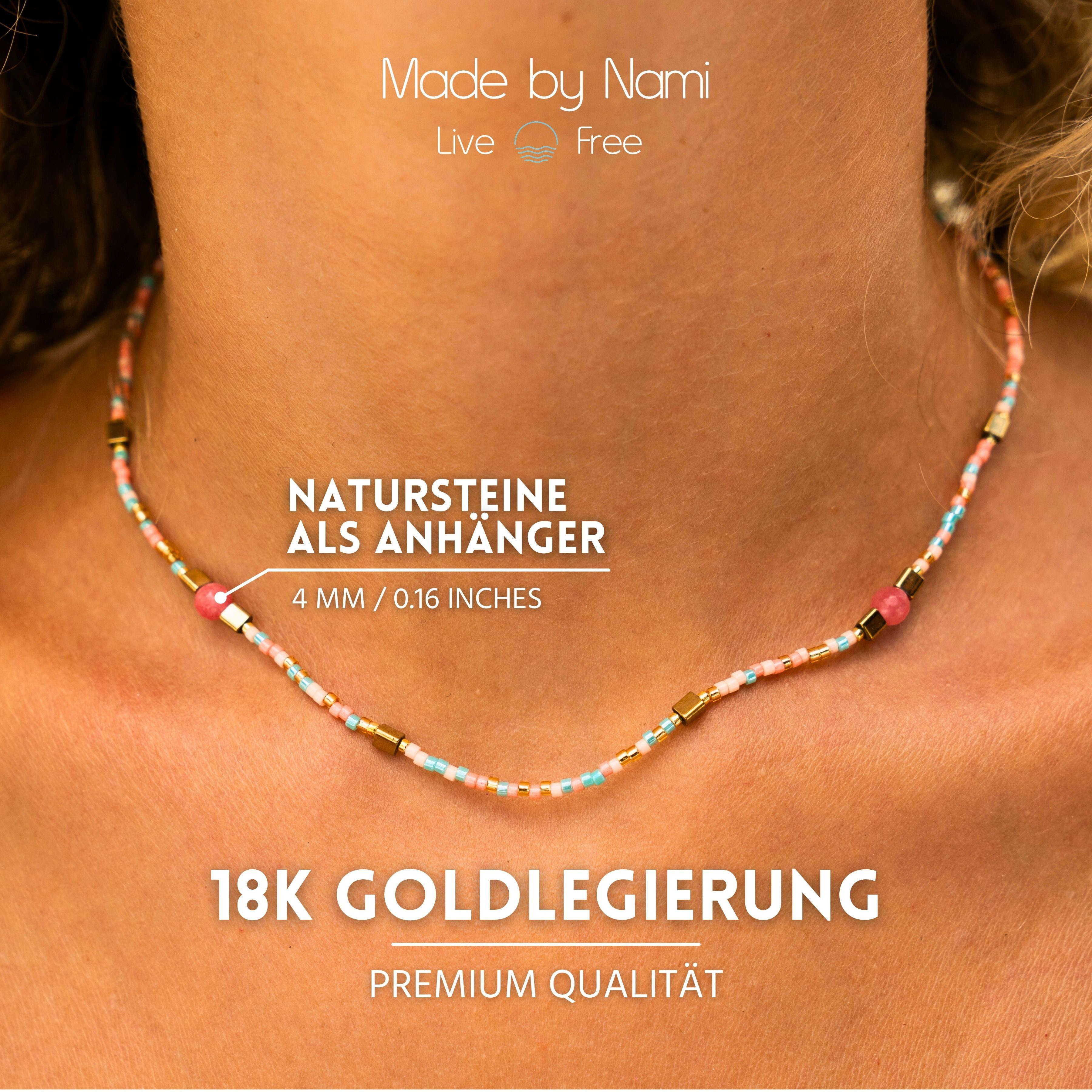 Made by Nami Perlenkette Damen Halskette Bunt Perlen Edelstein verstellbar wasserfest Boho-Stil, aus Edelstein – Sommerlich – mit Verlängerung – für empfindlich – Bild 5 von 5