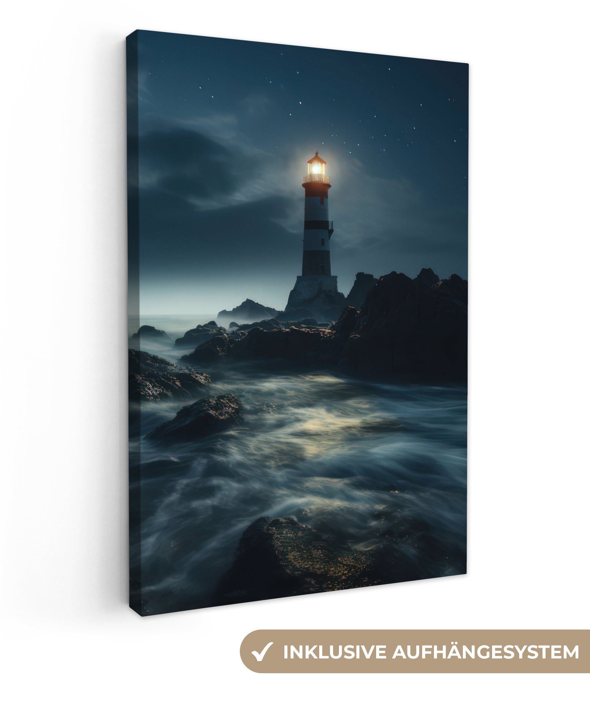 OneMillionCanvasses® Leinwandbild Leuchtturm - Meer - Nebel - Felsen - Maritim - Natur, Fotodruck (1 St), Leinwand Canvas Wandbild, Wanddekoration 20x30 cm
