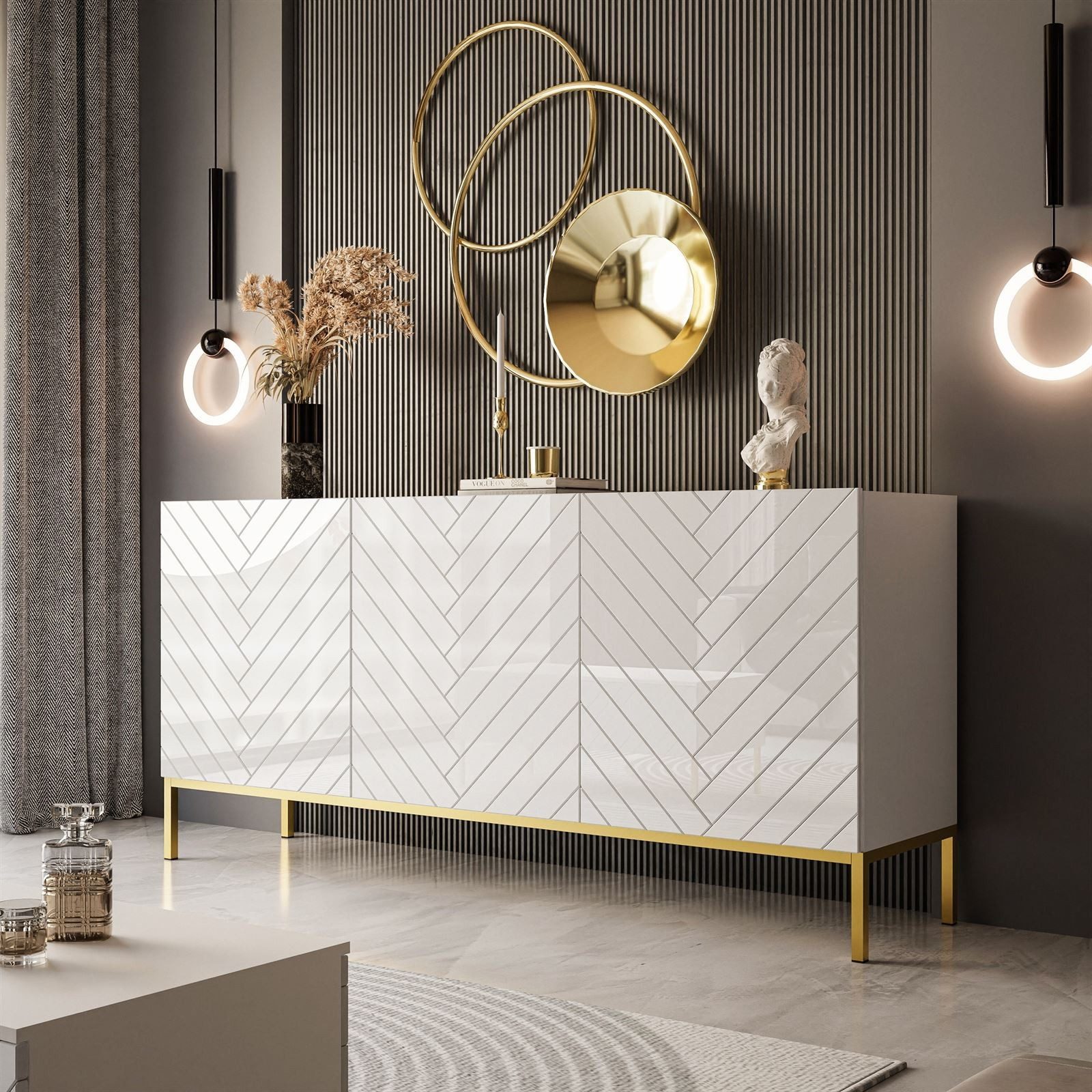 ALLHOUSE24 Kommode ELISE 160 Fischgrätenfront Hochglanz GOLD Metallgestell BERLIN, Breite 160 cm