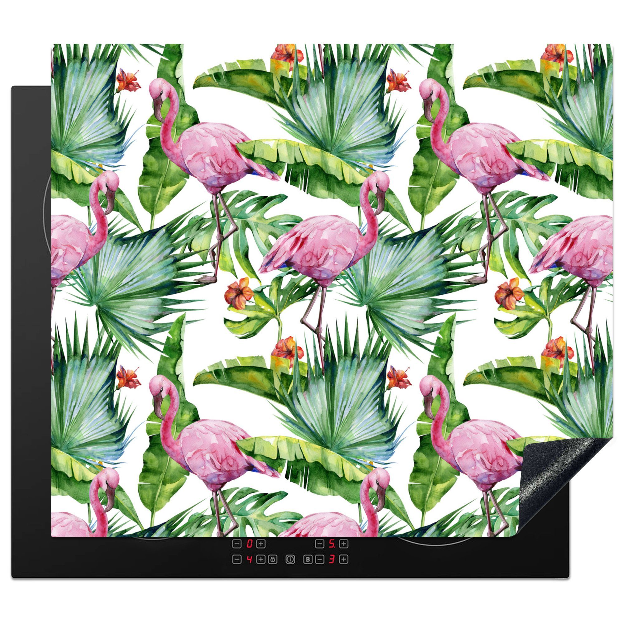 MuchoWow Herdblende-/Abdeckplatte Blätter - Flamingo - Blumen - Dschungel, Vinyl, (1 tlg), 57x51 cm, Induktionsschutz, Induktionskochfeld, Ceranfeldabdeckung