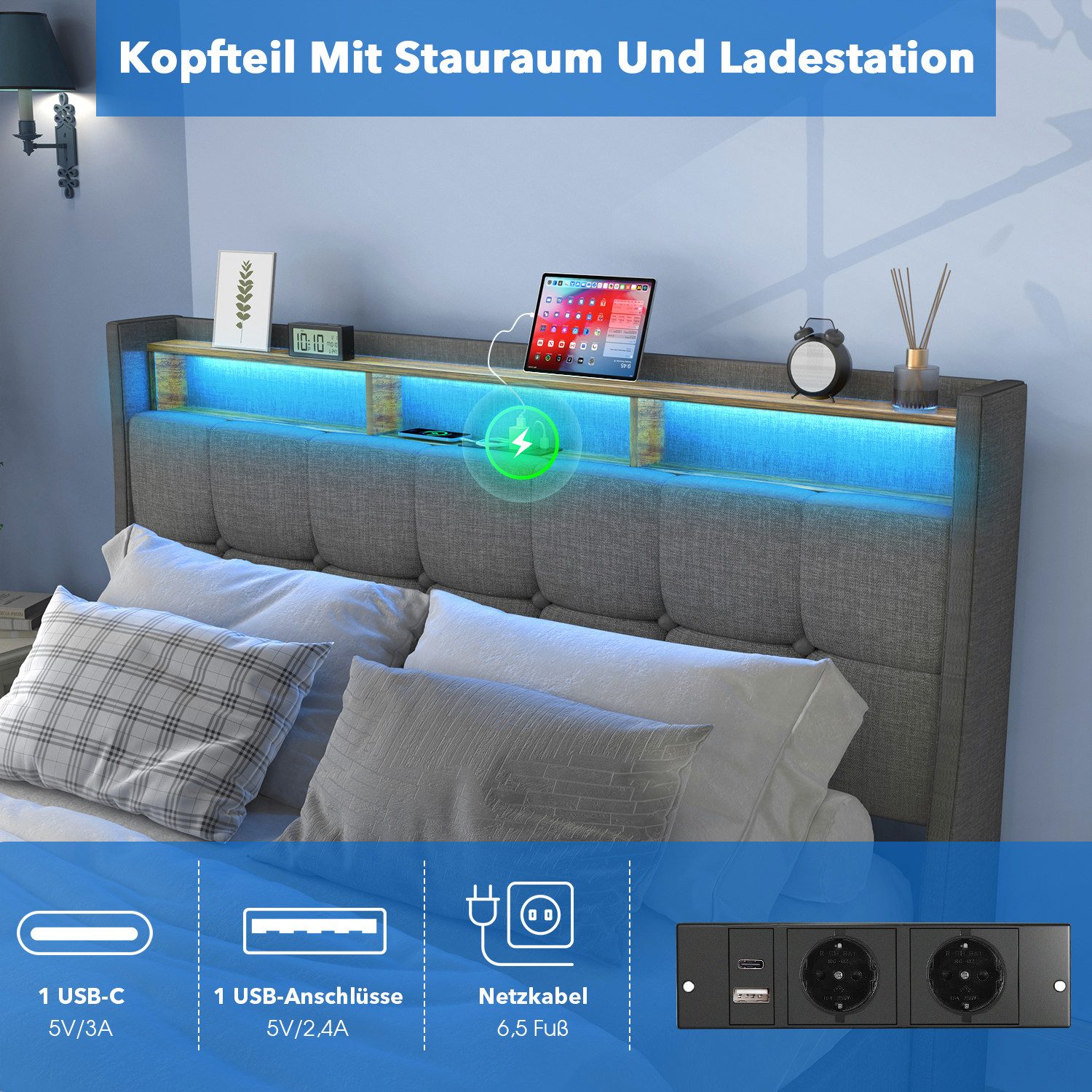 oyajia Polsterbett Doppelbett mit LED Licht,Hydraulisch anhebbarer Stauraumbett 140x200cm (Mit Lattenrost und Ladefunktion, Leinenmaterial Polsterbettt), Modern – Bild 4 von 5