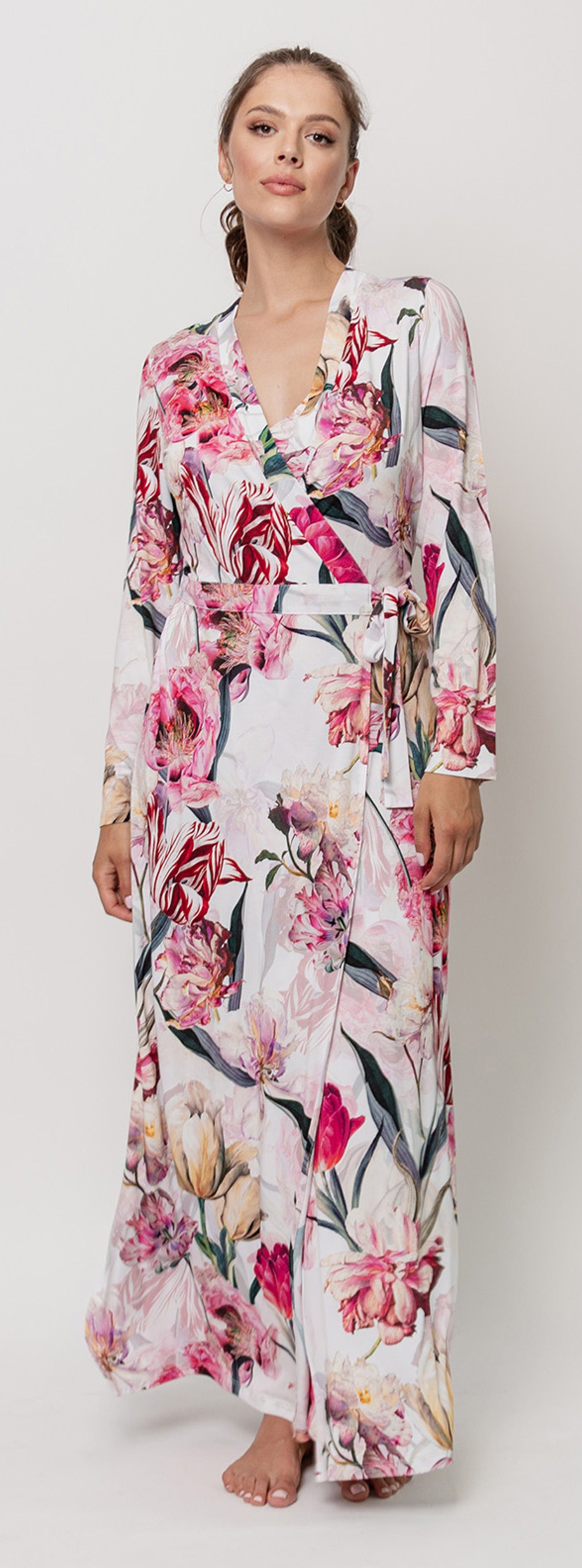 OH!ZUZA Morgenmantel Langer Damen Kimono extravagant, lang, Viskosemischung, Kimono-Kragen, Gürtel, feminin und elegant