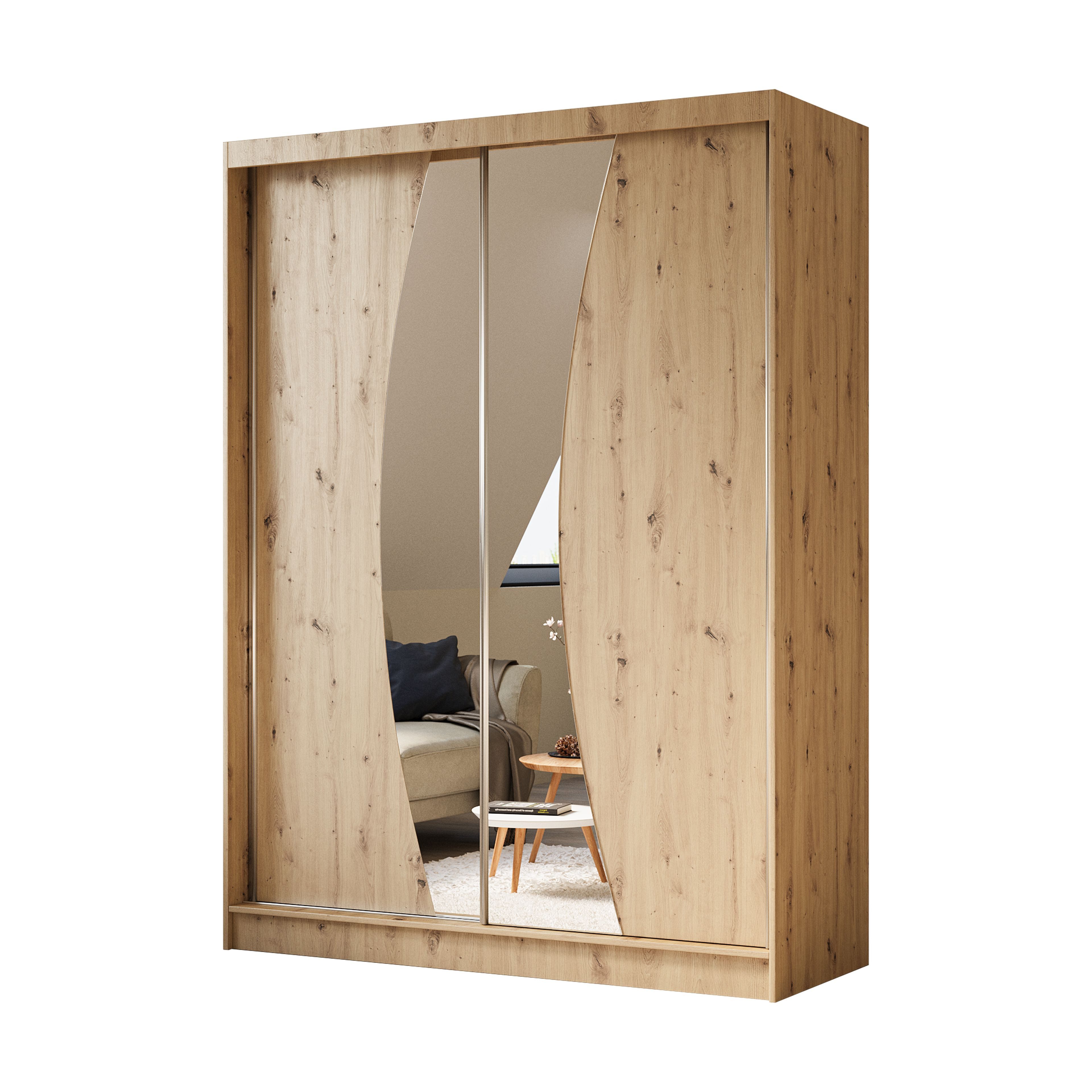 Masseno Schwebetürenschrank VOCE 160 cm Kleiderschrank mit Spiegel 2 Türen Eiche Artisan