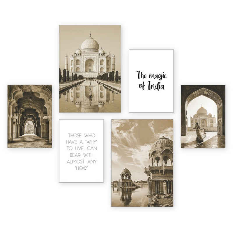 Kreative Feder Poster, Indien, Taj Mahal, Architektur, historisch, sepia (Set, 6 St), 6-teiliges Poster-Set, Kunstdruck, Wandbild, Posterwand, Bilderwand, optional mit Rahmen, WP545