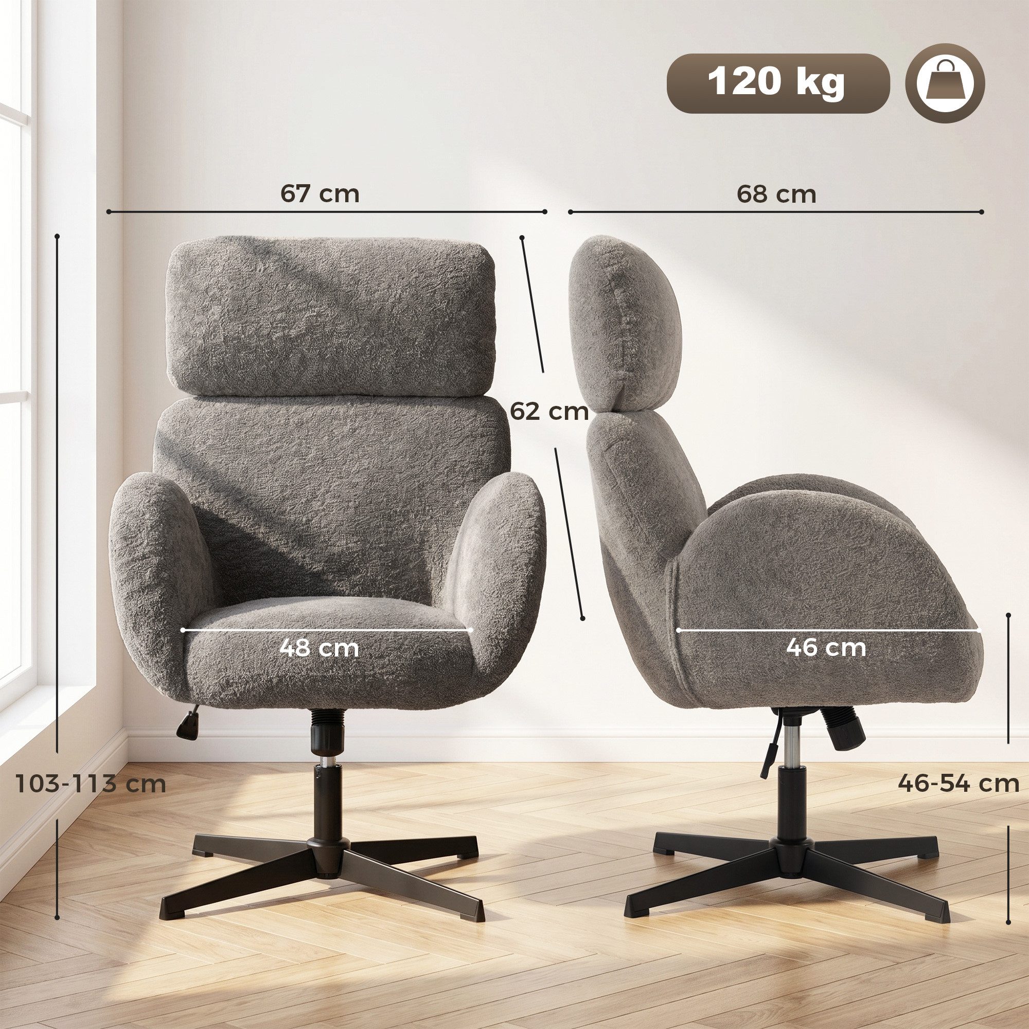 HOMCOM Bürostuhl Schreibtischstuhl Homeoffice Stuhl mit Samtoptik, höhenverstellbar (Drehstuhl, 1 St), für Schlafzimmer, Arbeitszimmer, Grau