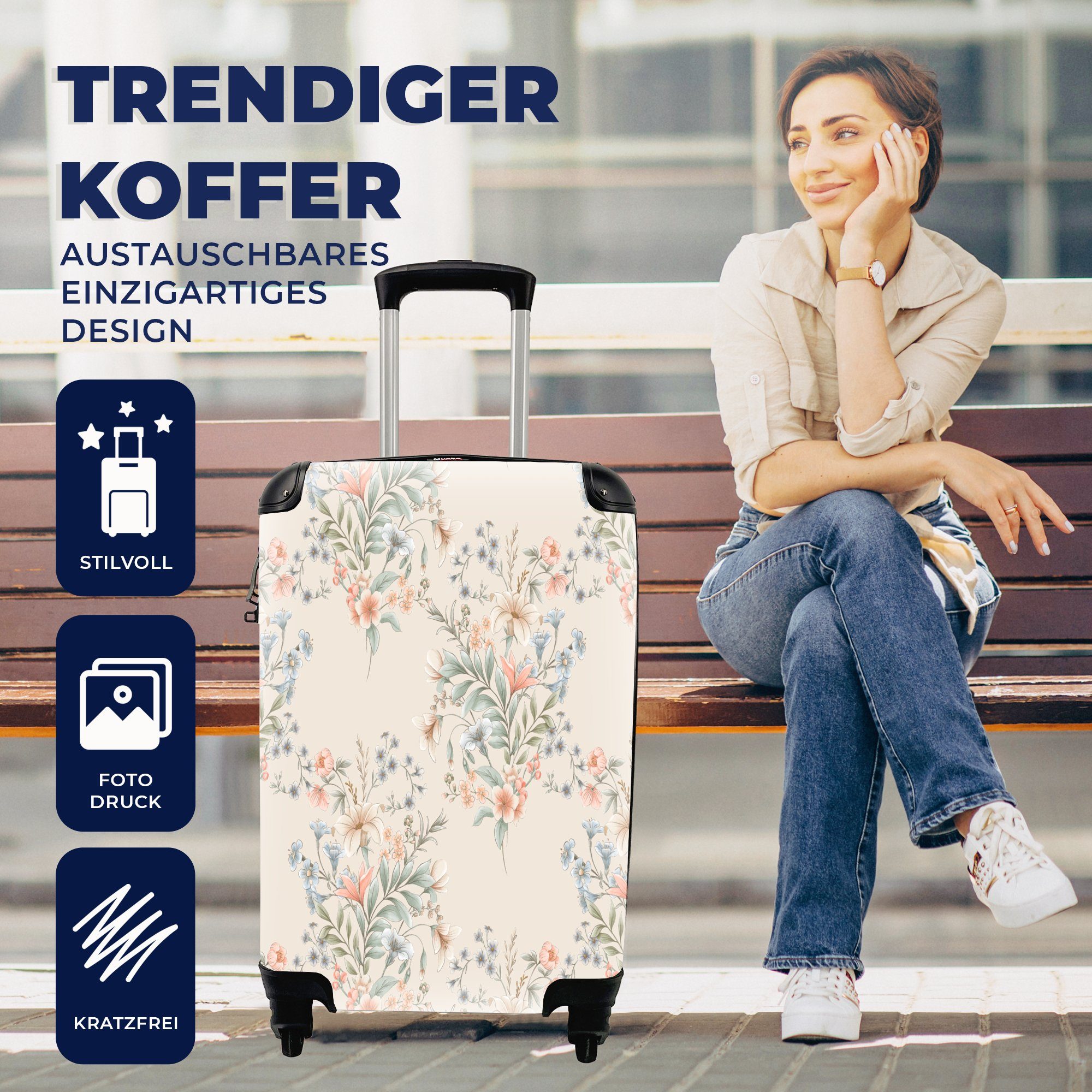 MuchoWow Handgepäckkoffer Blumen - mit Ferien, Reisetasche Rollen, - rollen, 4 Reisekoffer für Trolley, Handgepäck Blätter, Rosa