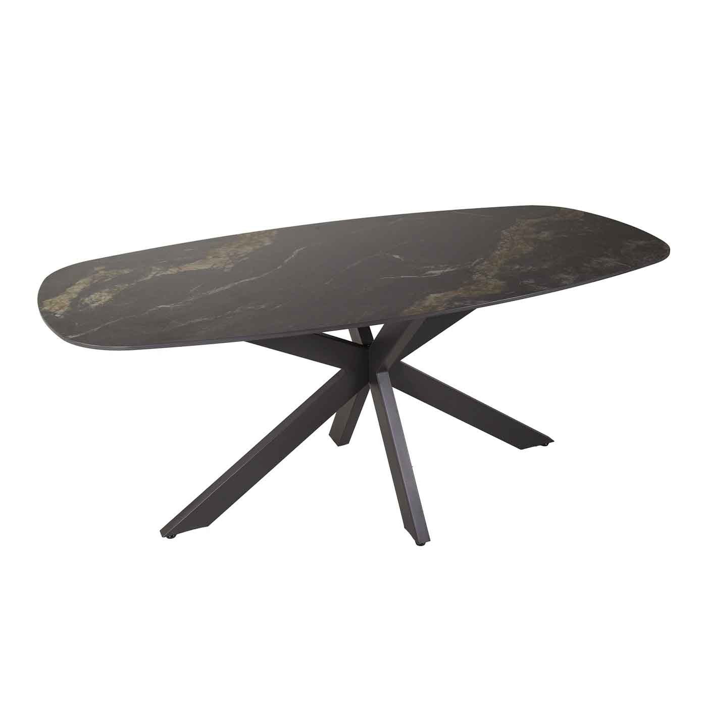 LEVEN Lifestyle Esstisch Esszimmertisch oval Tischplatte Keramik schwarz Fossil 180 x 90 cm, Keramikplatte in grauer Natursteinoptik mit weißen und goldenen Adern