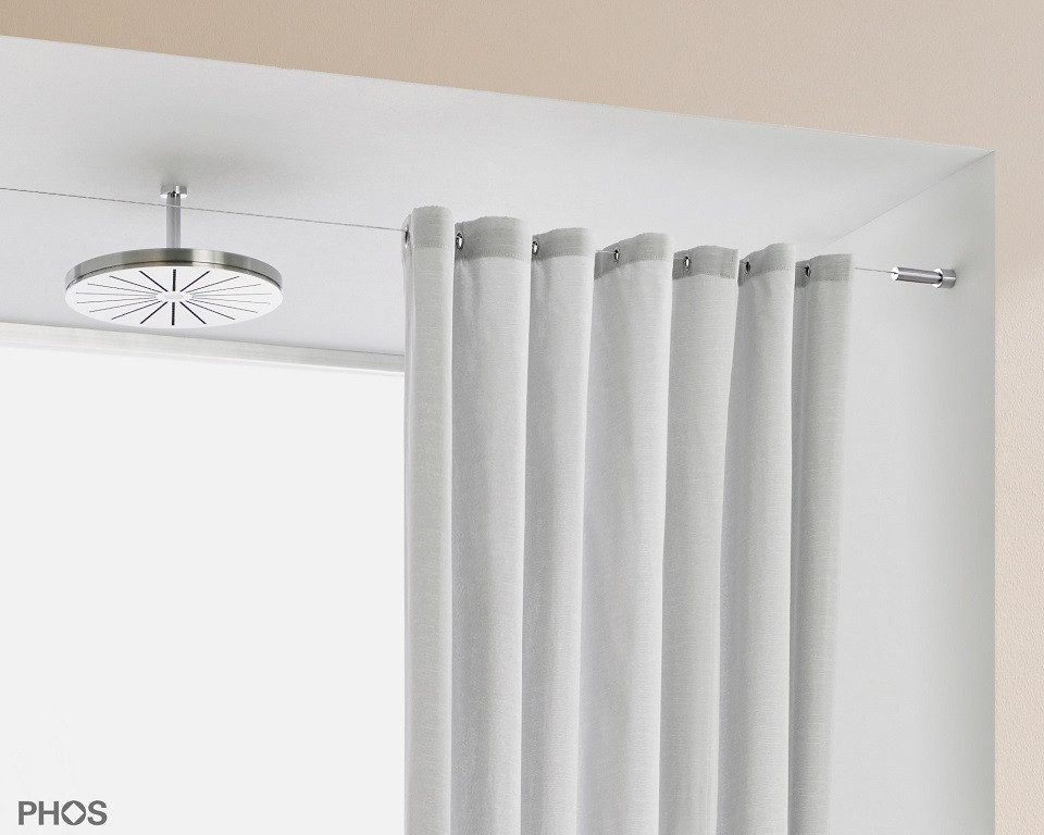 PHOS Design Duschvorhang-Seilsystem : Axiales Seilspannsystem aus Edelstahl für Duschvorhänge, mit Wand zu Wand Montage - 100% Made in Germany