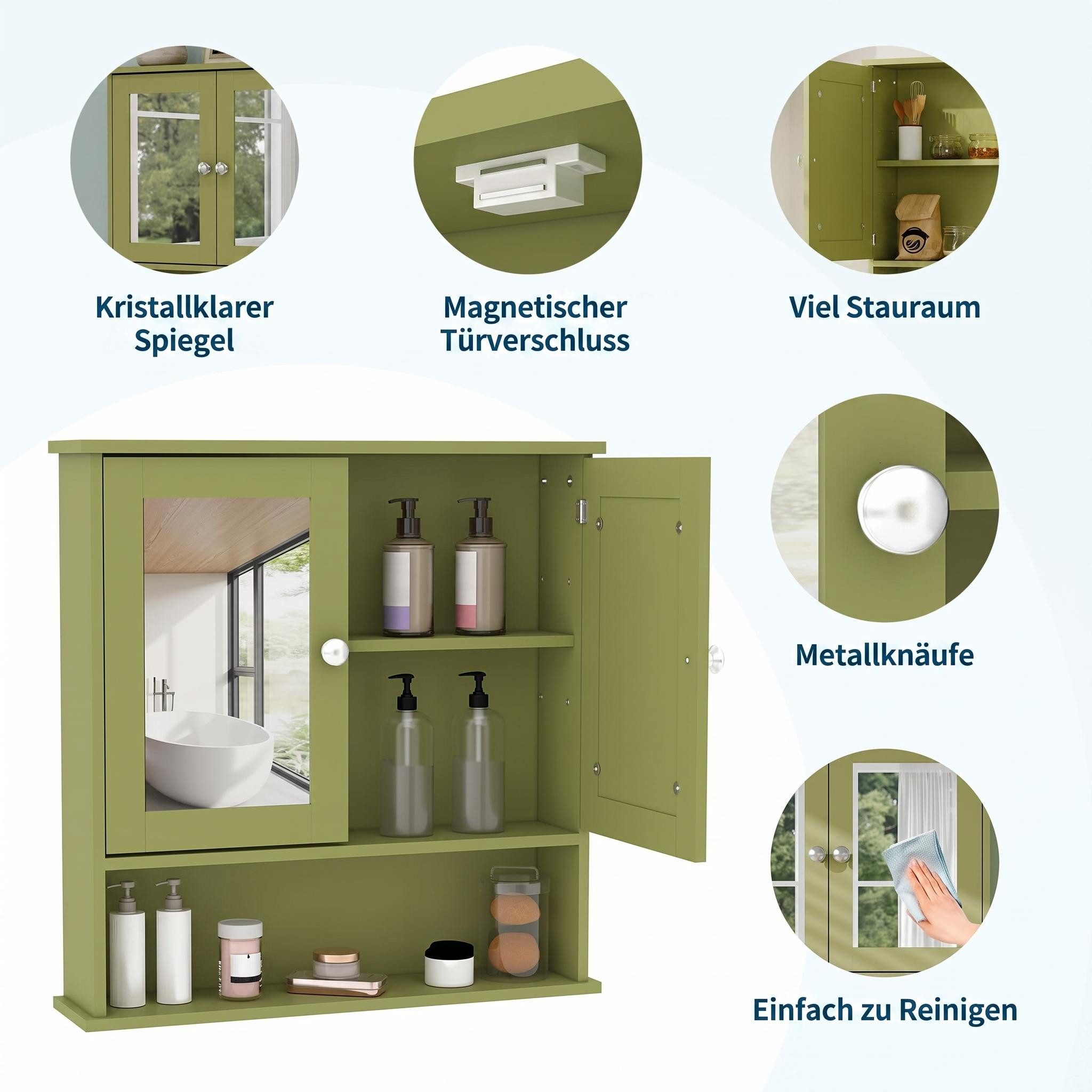 GarveeMore Badezimmerspiegelschrank mit 2 Tür, 1 offenes + 2 versteckte Fächer verstellbarem Boden, Magnetschnapper, grün/weiß – Bild 4 von 5