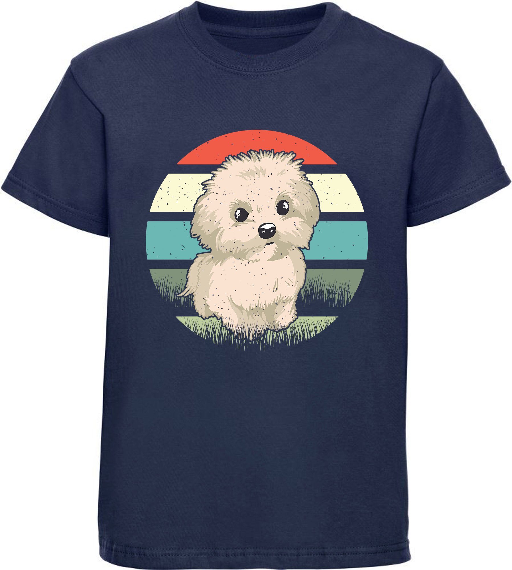 MyDesign24 Print-Shirt Kinder Hunde T-Shirt bedruckt - Retro Malteser Welpen Baumwollshirt mit Aufdruck, i242 navy blau | T-Shirts