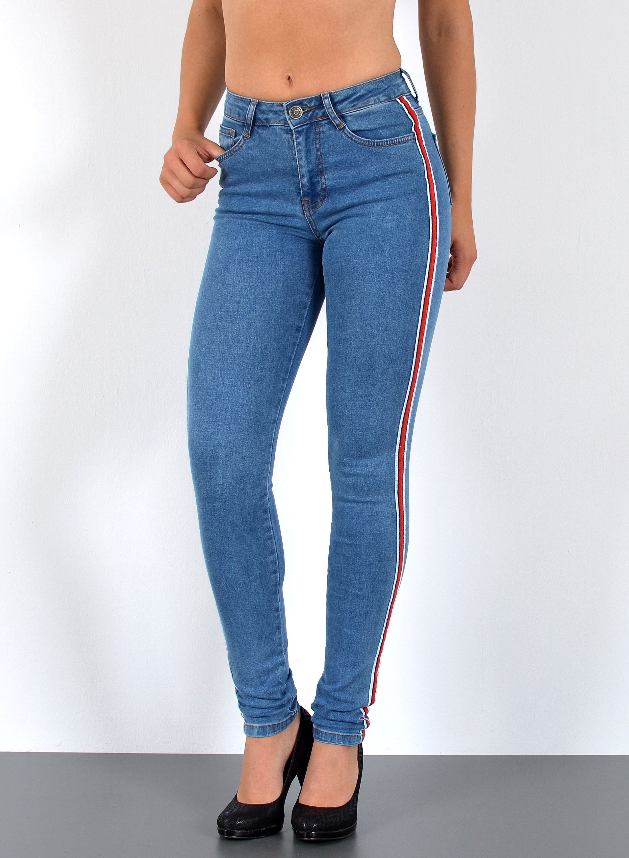 ESRA Skinny-fit-Jeans Damen High Waist Skinny Jeans mit Streifen bis Große Größe J330 Skinny Jeans Damen High Waist mit Seitenstreifen Galonstreifen Hose