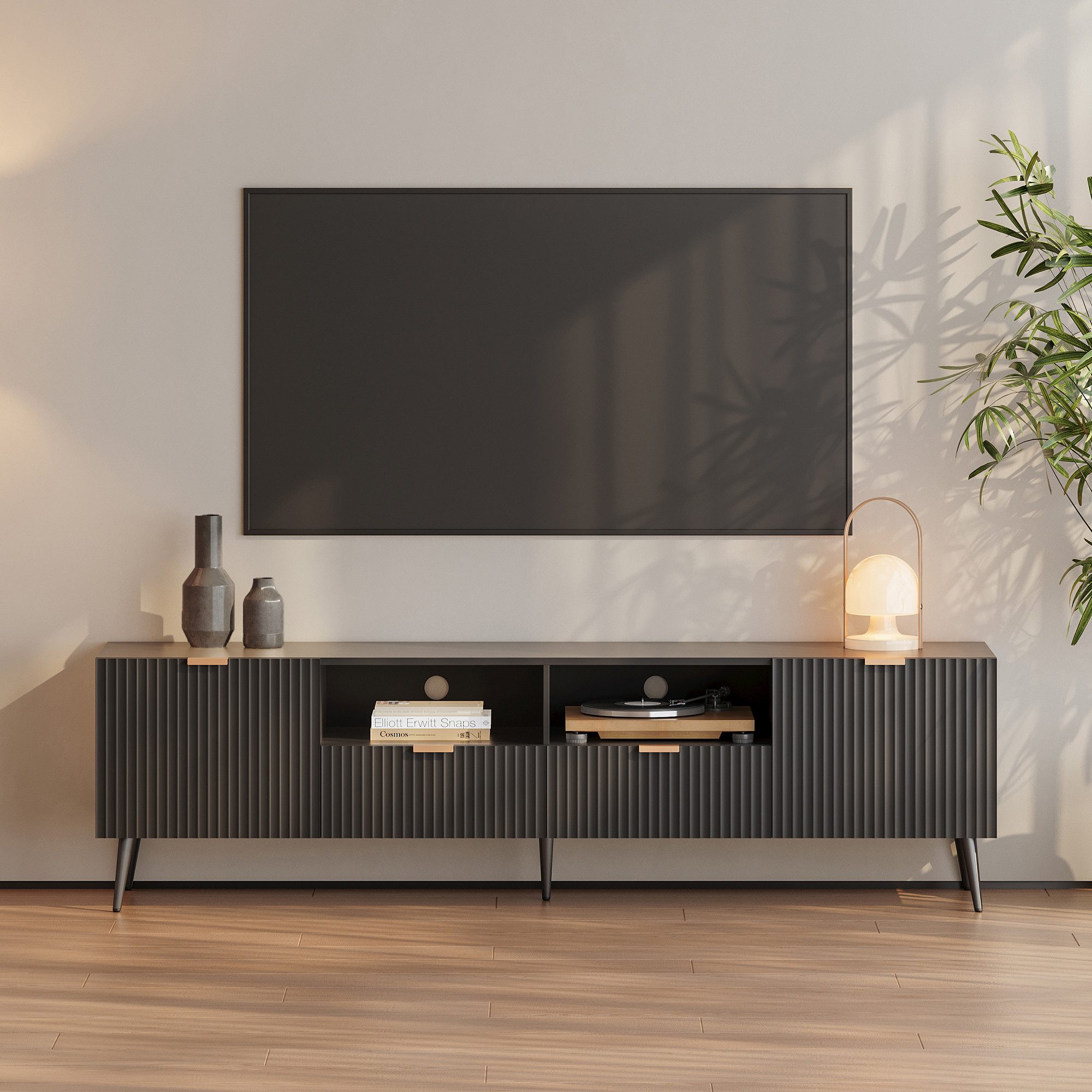 en.casa TV-Schrank »Nand« mit 2 Türen geriffelt 180 x 40 x 51 cm Schwarz