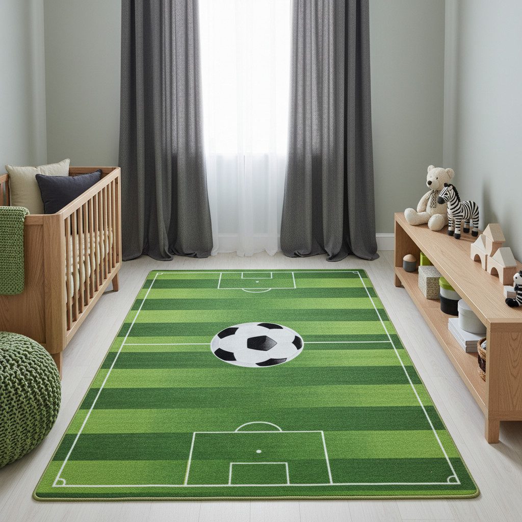 KADIMA DESIGN Kinderteppich TRAUN Spielteppich Kinderzimmer Waschbar Webteppich Rutschfest, Läufer, Höhe: 8 mm, 80x120 cm, Strapazierfähig Fußbodenheizung Fußballfeld Waschbar