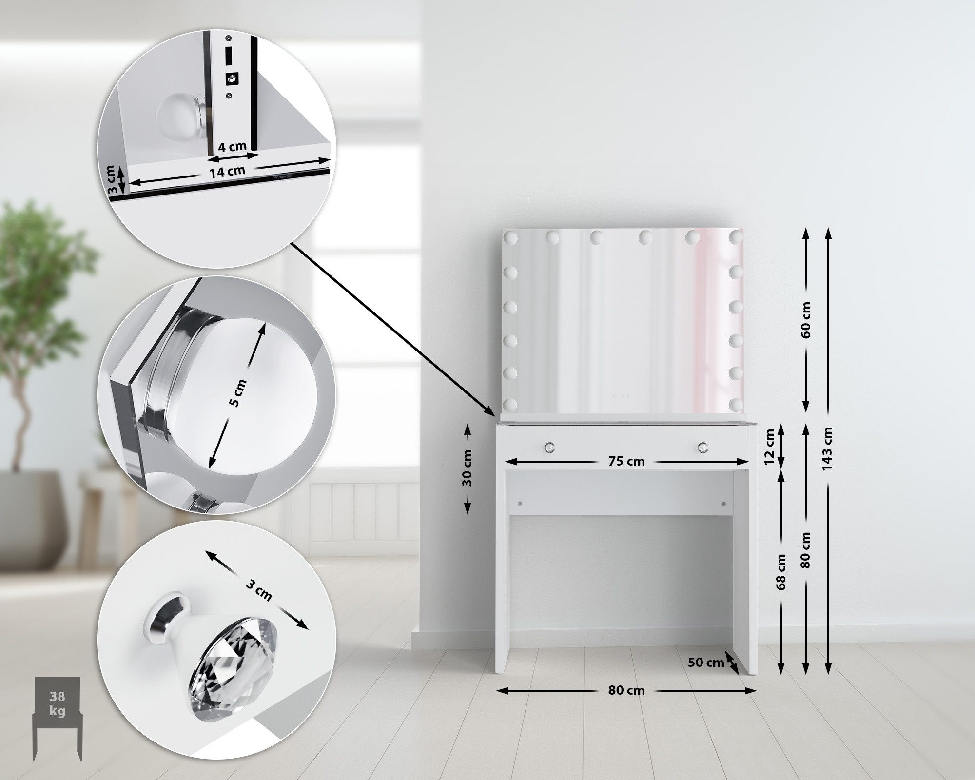 CLP Schminktisch Mereta (1er), Spiegel, LED-Beleuchtung, Schubladen, Glaspl günstig online kaufen