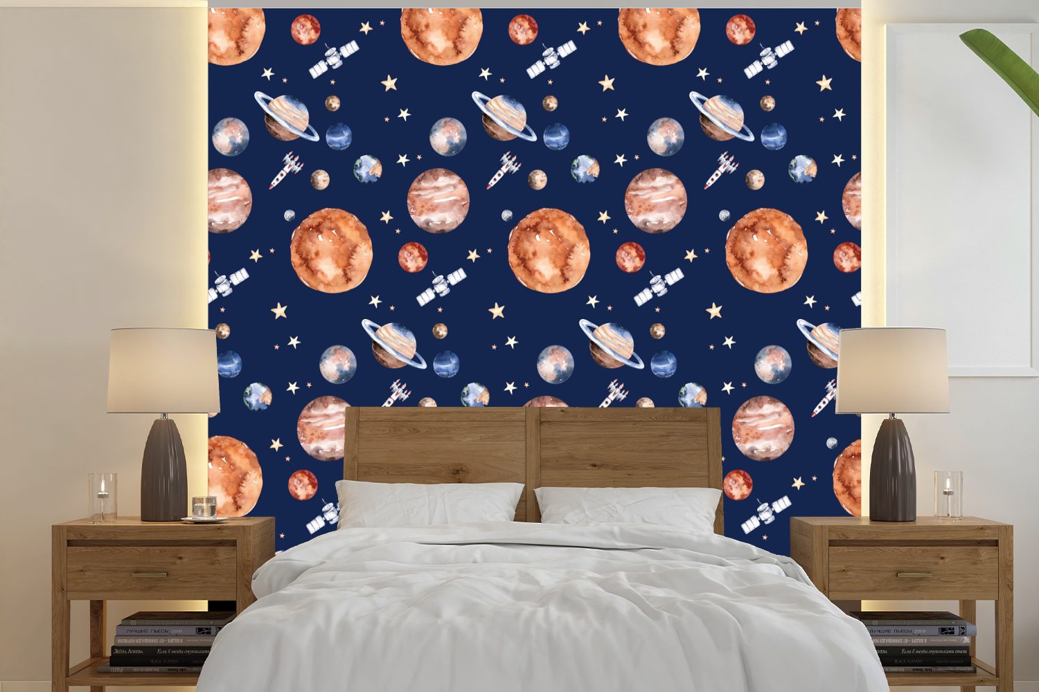 MuchoWow Fototapete Weltraum - Planeten - Muster - Kinder - Kinder - Kind, Matt, bedruckt, (5 St), Vinyl Tapete für Wohnzimmer oder Schlafzimmer, Wandtapete