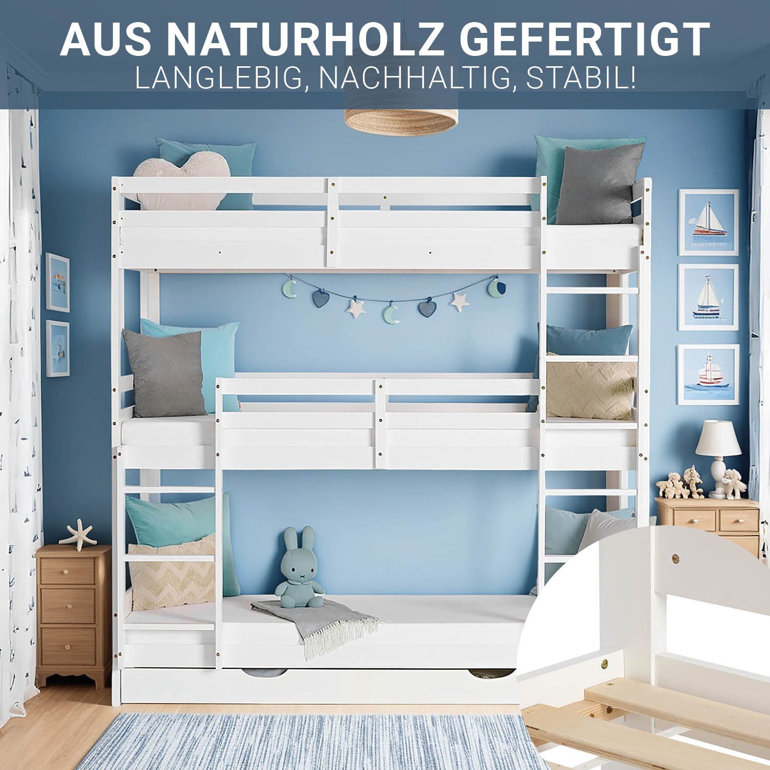 Homestyle4u Bunk Bed 90x200 Loft Bed for 3 People Triple Bed White Stairs 2 3 Children (Set, with slatted base and 1x bed box/drawer), 2 meters high, with 2 ladders, storage space, fall protection