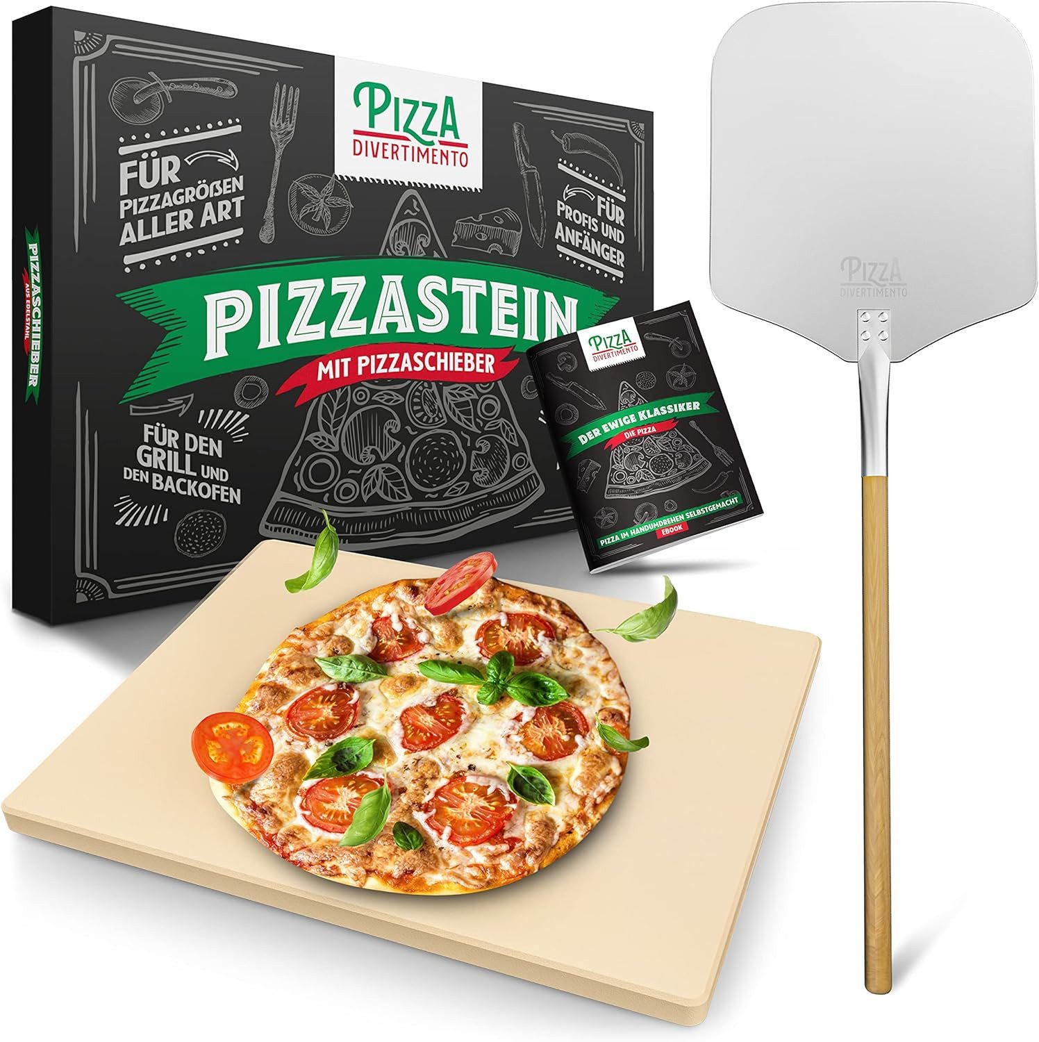 Pizza Divertimento Pizzastein Einzeln oder als Set - Für Backofen & Grill, (Cordierit-Stein - Optional mit Pizzaschieber, Schneider & Rezept-E-Book), Bis 900 Grad Celsius