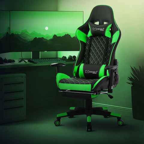 ML-DESIGN Gaming-Stuhl Bürostuhl mit Fußstütze und Armlehne Kunstleder Hohe Rückenlehne, Drehstuhl Schwarz-Grün ergonomisch mit Kopfstütze verstellbar